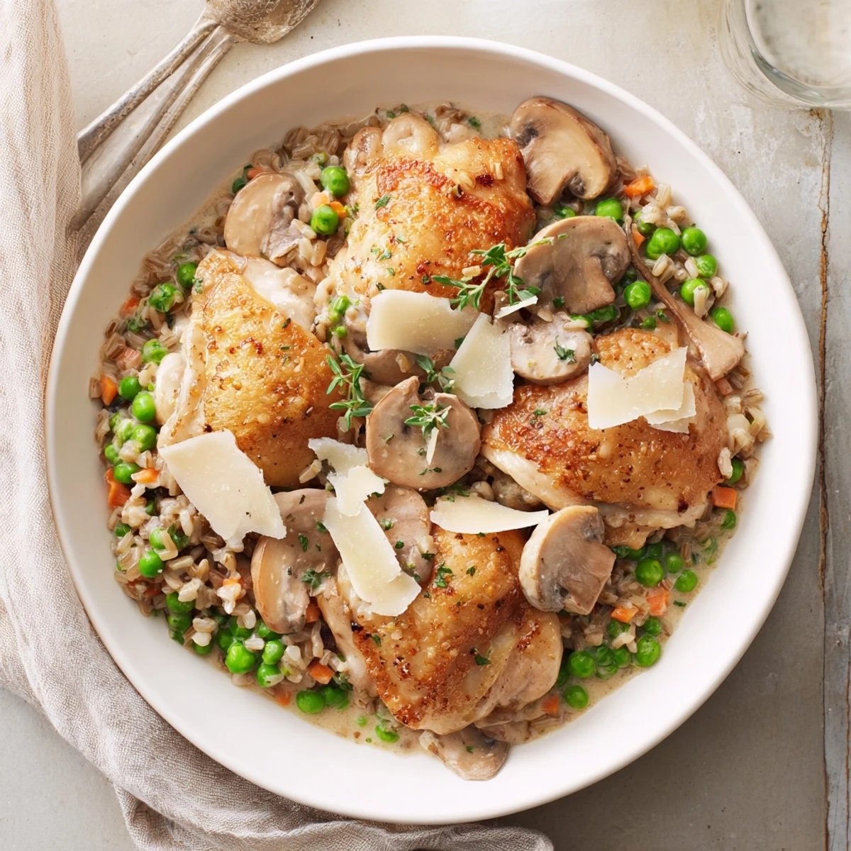 Golden brown chicken thighs nestled in a pan of flavorful All-in-One Pan Creamy Chicken and Wild Rice.