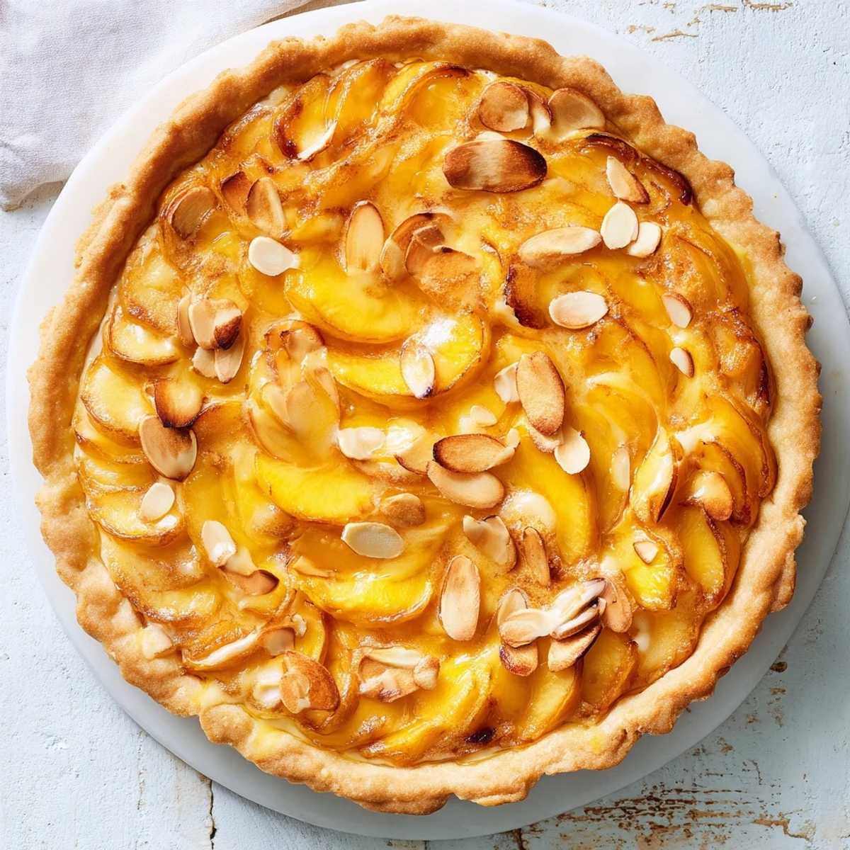 A close-up of a Rustic Peach and Almond Tart, with golden crust and juicy peach slices.