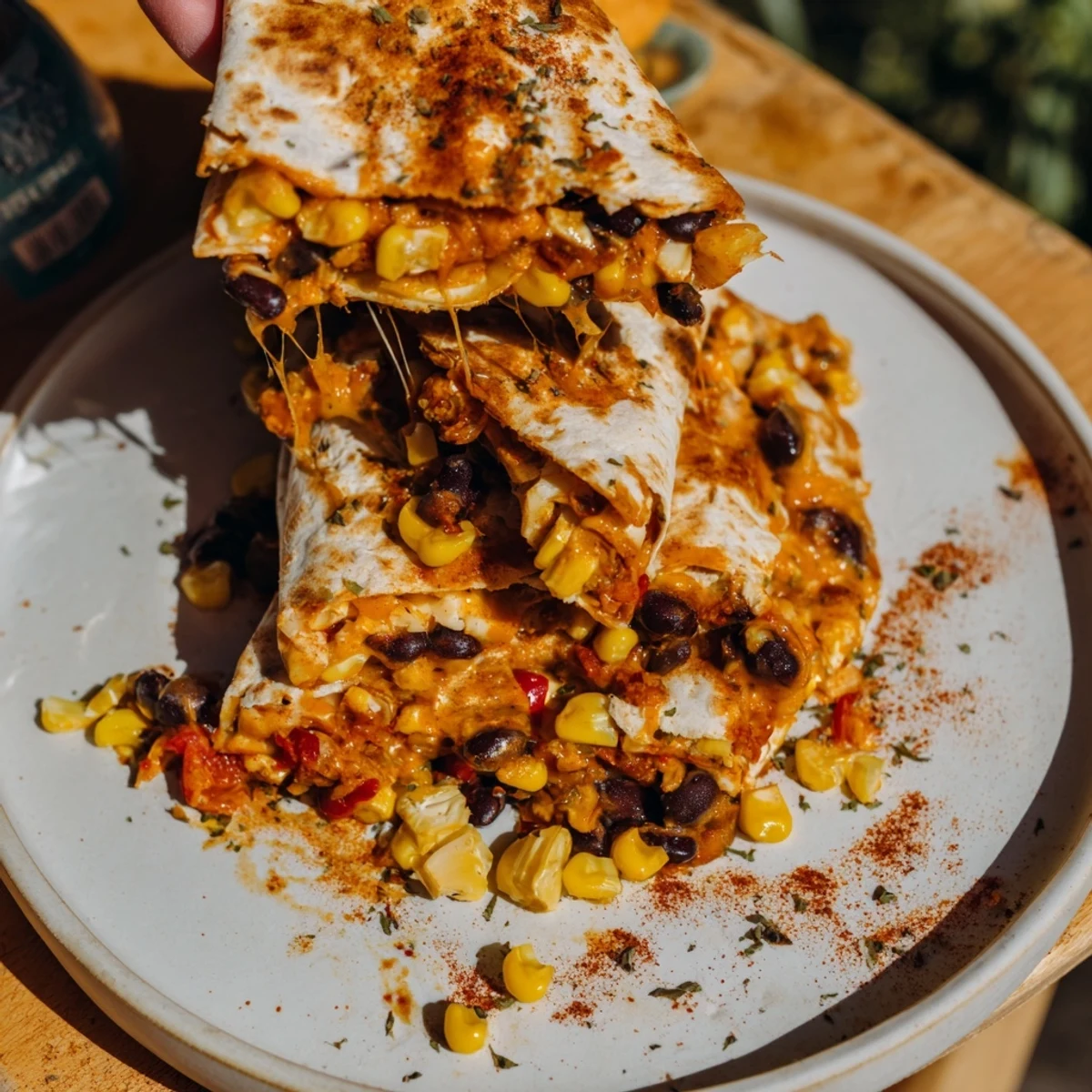 Quick Black Bean and Corn Quesadillas with melted cheese and a colorful vegetable filling, ready to eat.