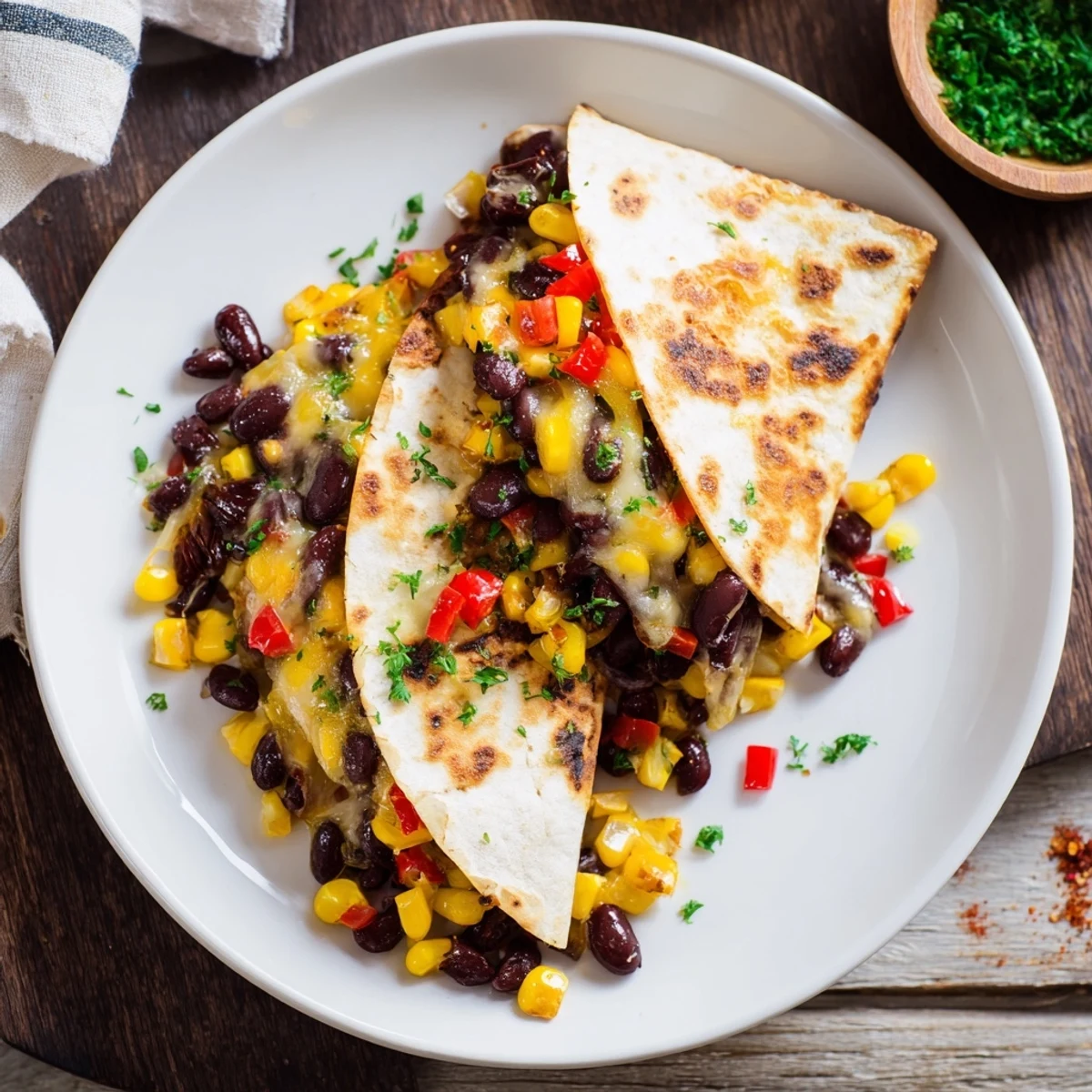 Golden-brown Quick Black Bean and Corn Quesadillas, folded and filled with savory corn and beans.
