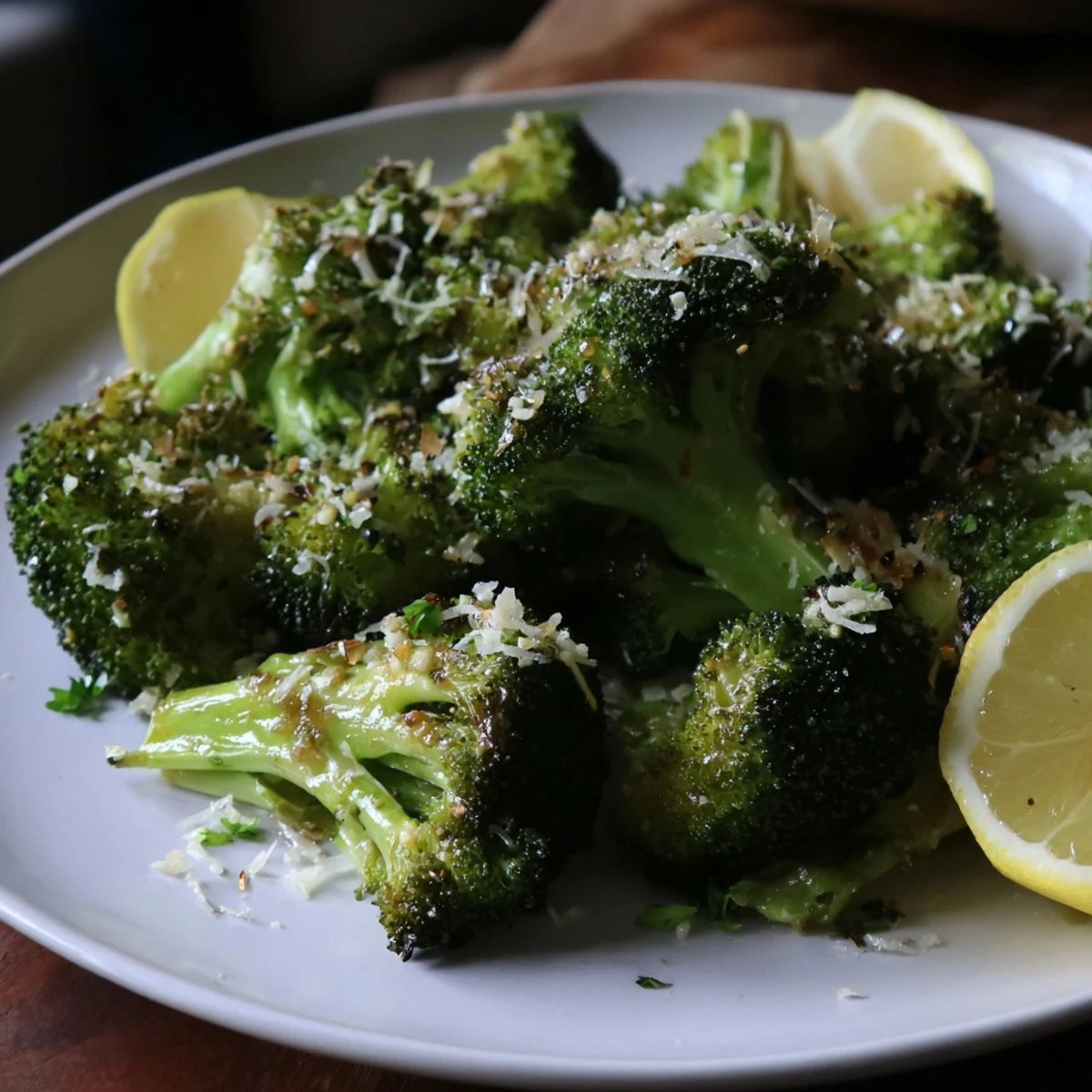 Vibrant green broccoli florets coated in garlic and Parmesan, perfectly roasted, capturing the essence of the Simple Garlic and Parmesan Roasted Broccoli dish.