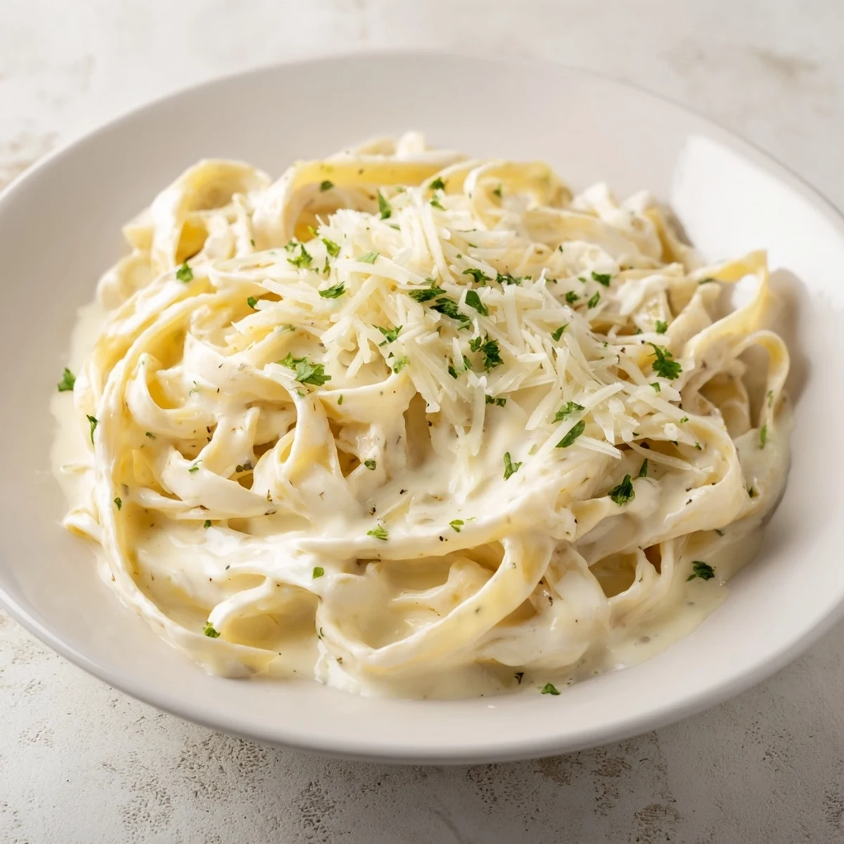Steaming bowl of the perfect 20-minute creamy Alfredo pasta, rich and ready to enjoy now.