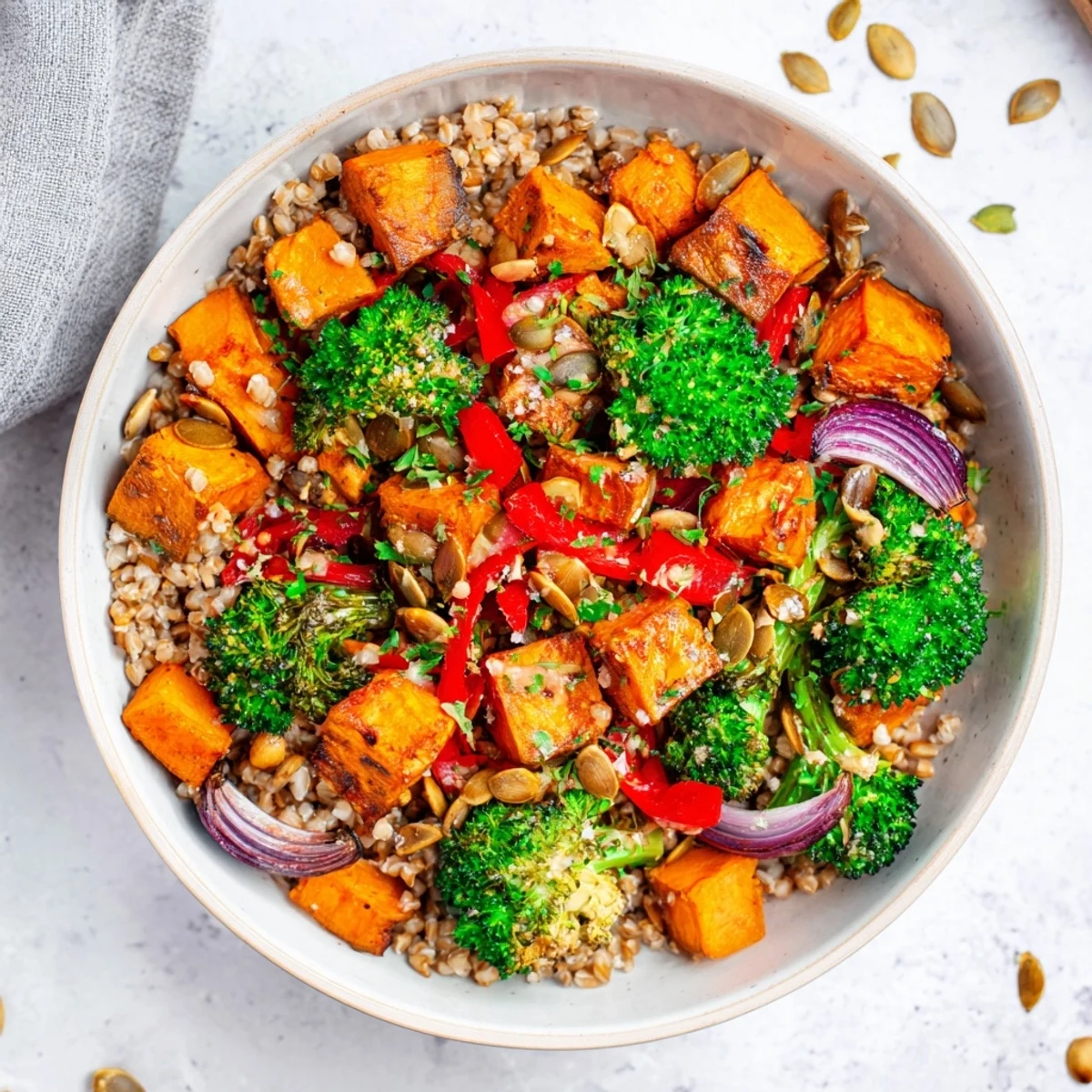 A delicious Hearty Roasted Vegetable and Farro Grain Bowl, warm and drizzled with a creamy tahini dressing.