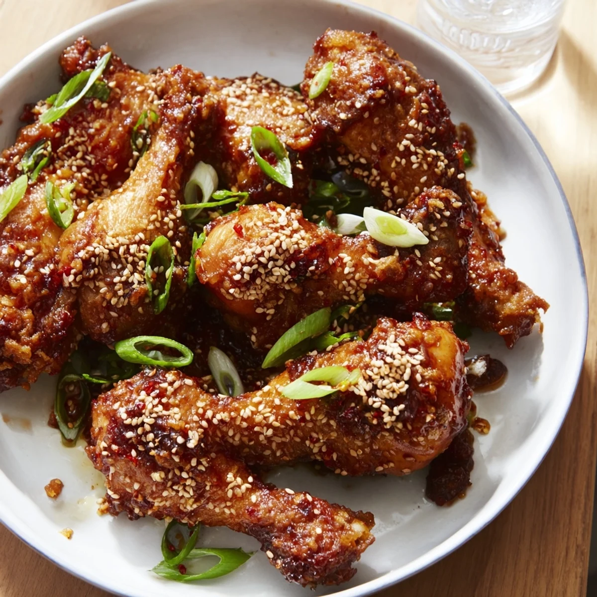 Golden brown Crispy Honey-Chili Glazed Chicken Wings glistening with a sweet, spicy glaze, ready to enjoy.