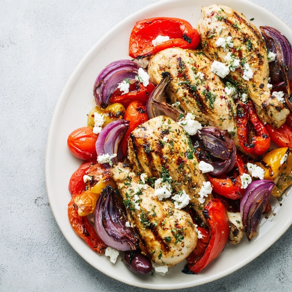 Image of golden Easy Sheet Pan Greek Chicken glistening alongside colorful roasted bell peppers.