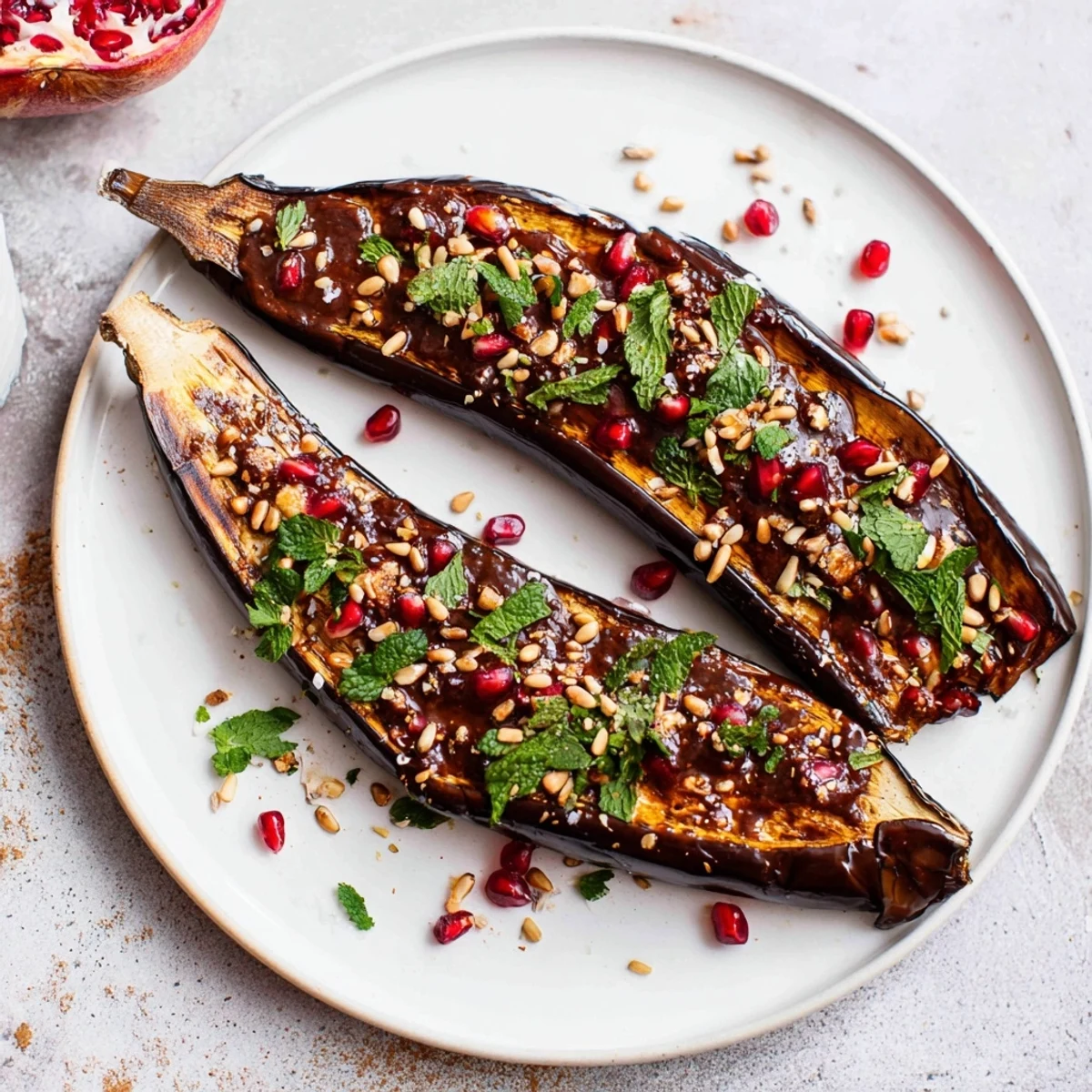 Tender roasted eggplant halves topped with creamy yogurt and jewel-toned pomegranate, ready to eat.