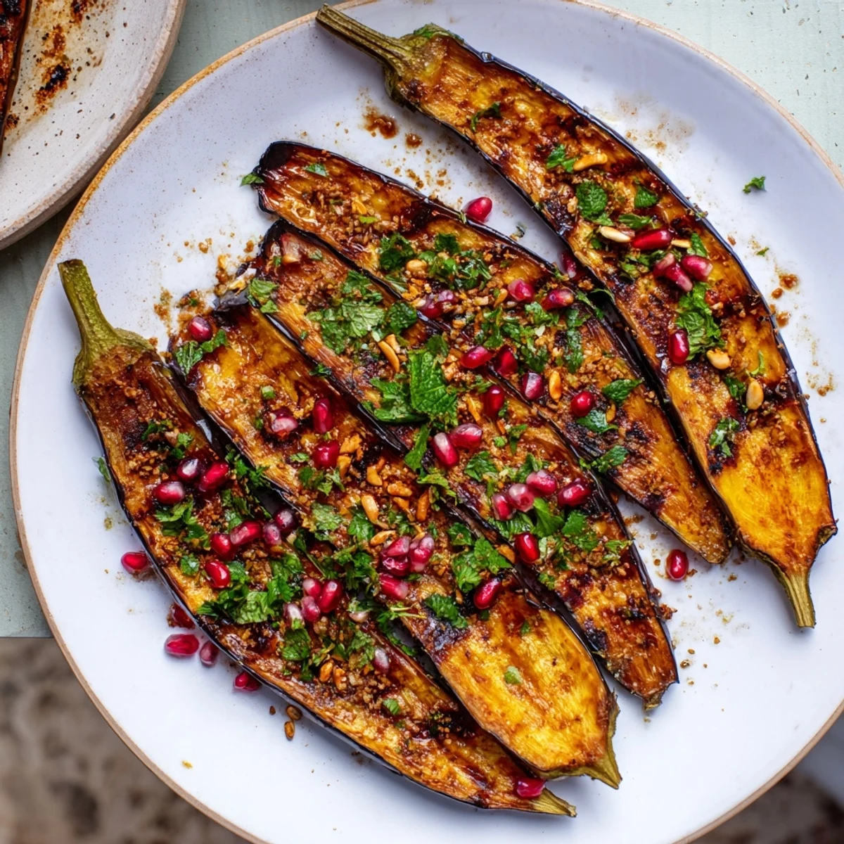 Vibrant photo shows roasted eggplant with yogurt sauce, pomegranate seeds, and fresh herbs, a delicious vegetarian meal.