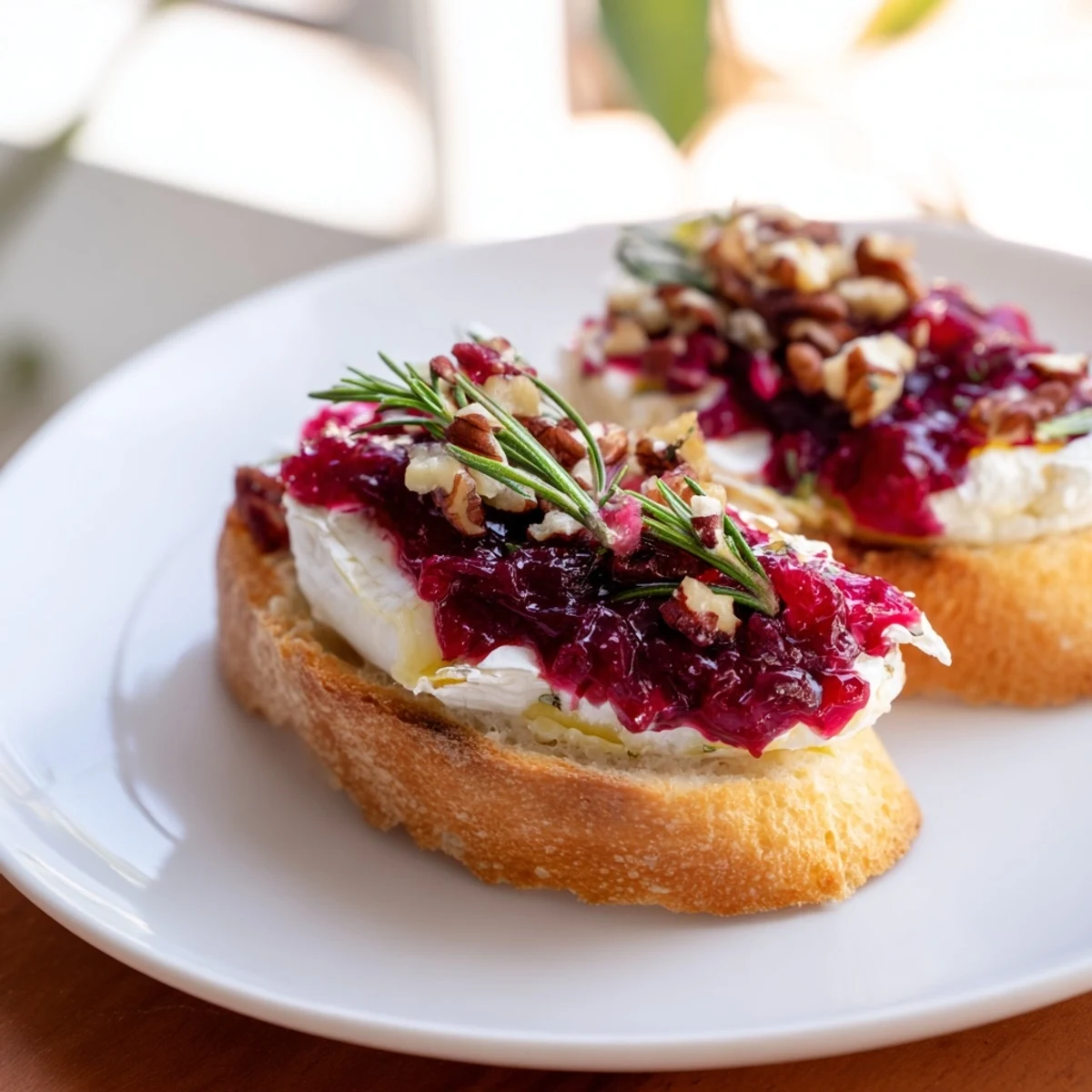 Golden-brown Festive Holiday Cranberry and Brie Crostini, topped with vibrant, glistening cranberry sauce.