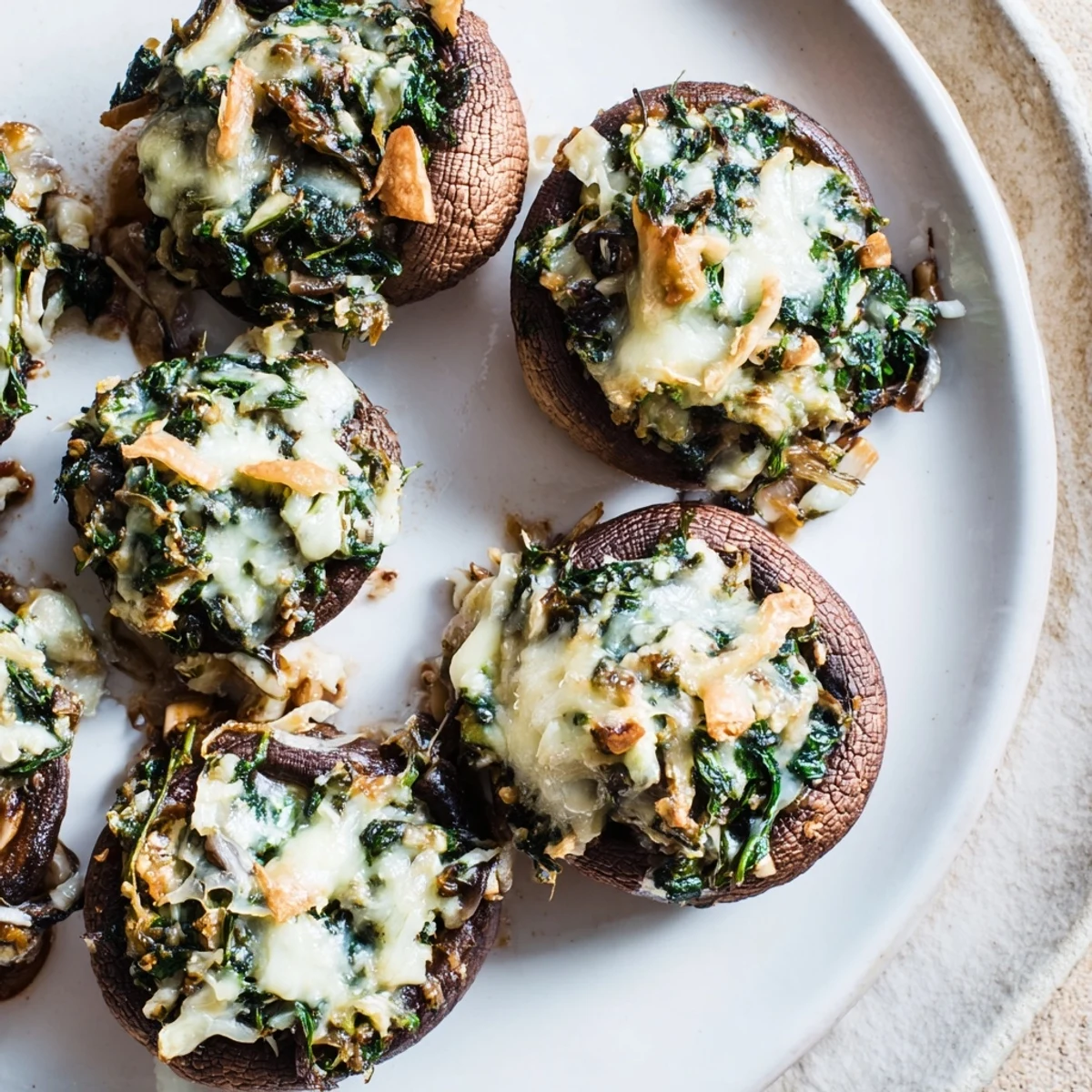 Golden-brown Creamy Spinach and Artichoke Stuffed Mushrooms ready to serve as a delicious appetizer.
