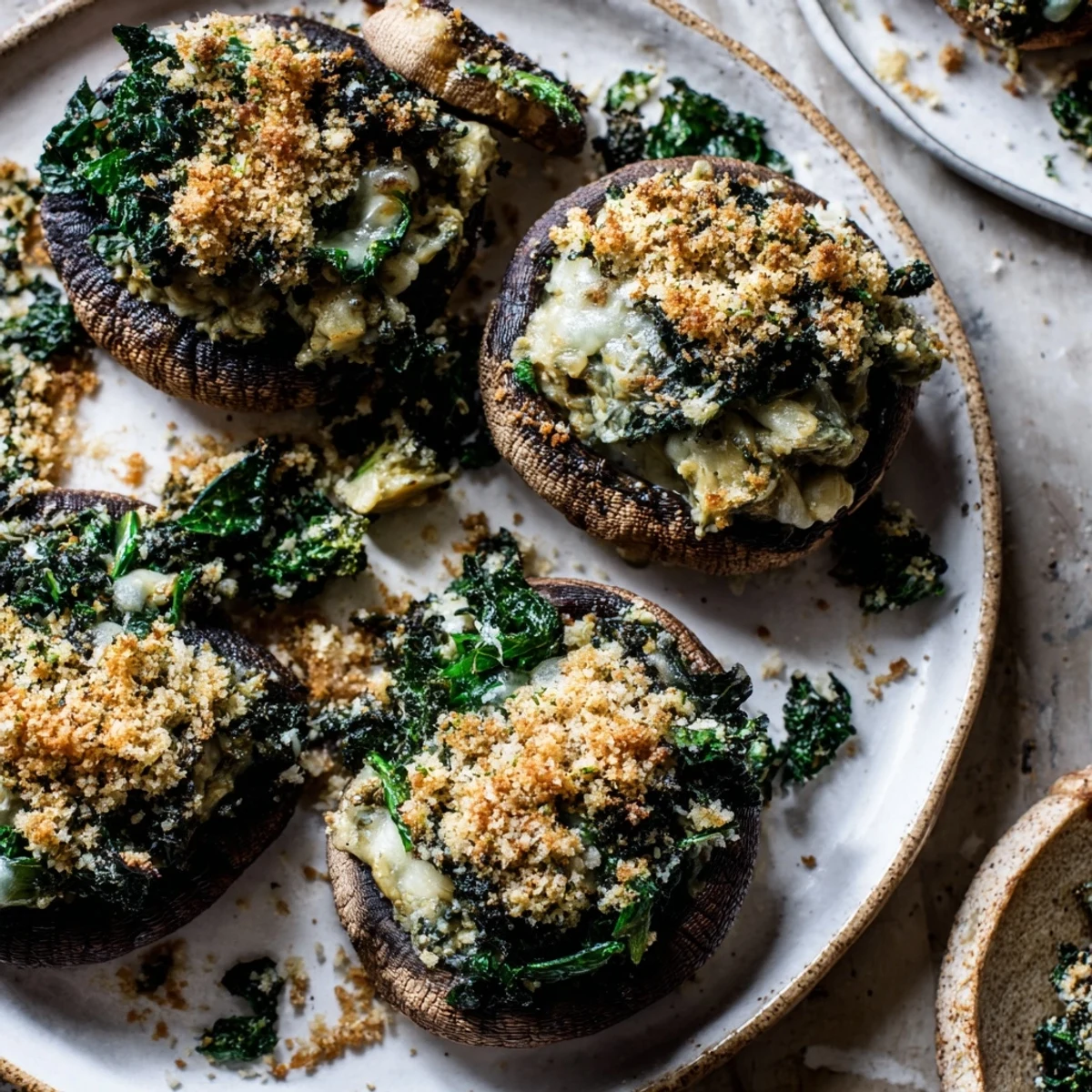 Baked Creamy Spinach and Artichoke Stuffed Mushrooms, bubbling with cheesy goodness, perfect party food.