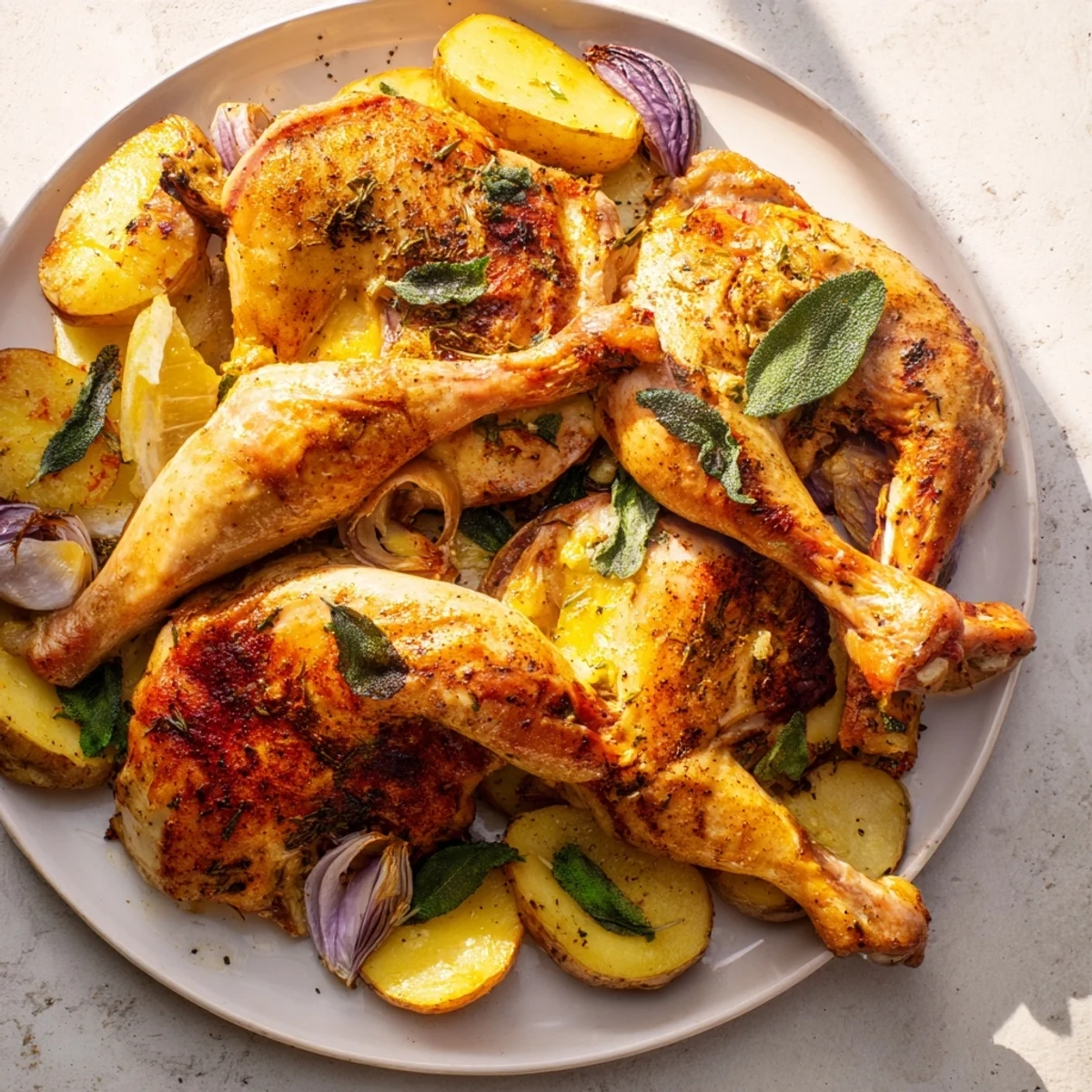 Golden-brown One-Dish Baked Chicken Thighs with Lemon and Thyme, featuring crispy skin and roasted potatoes.