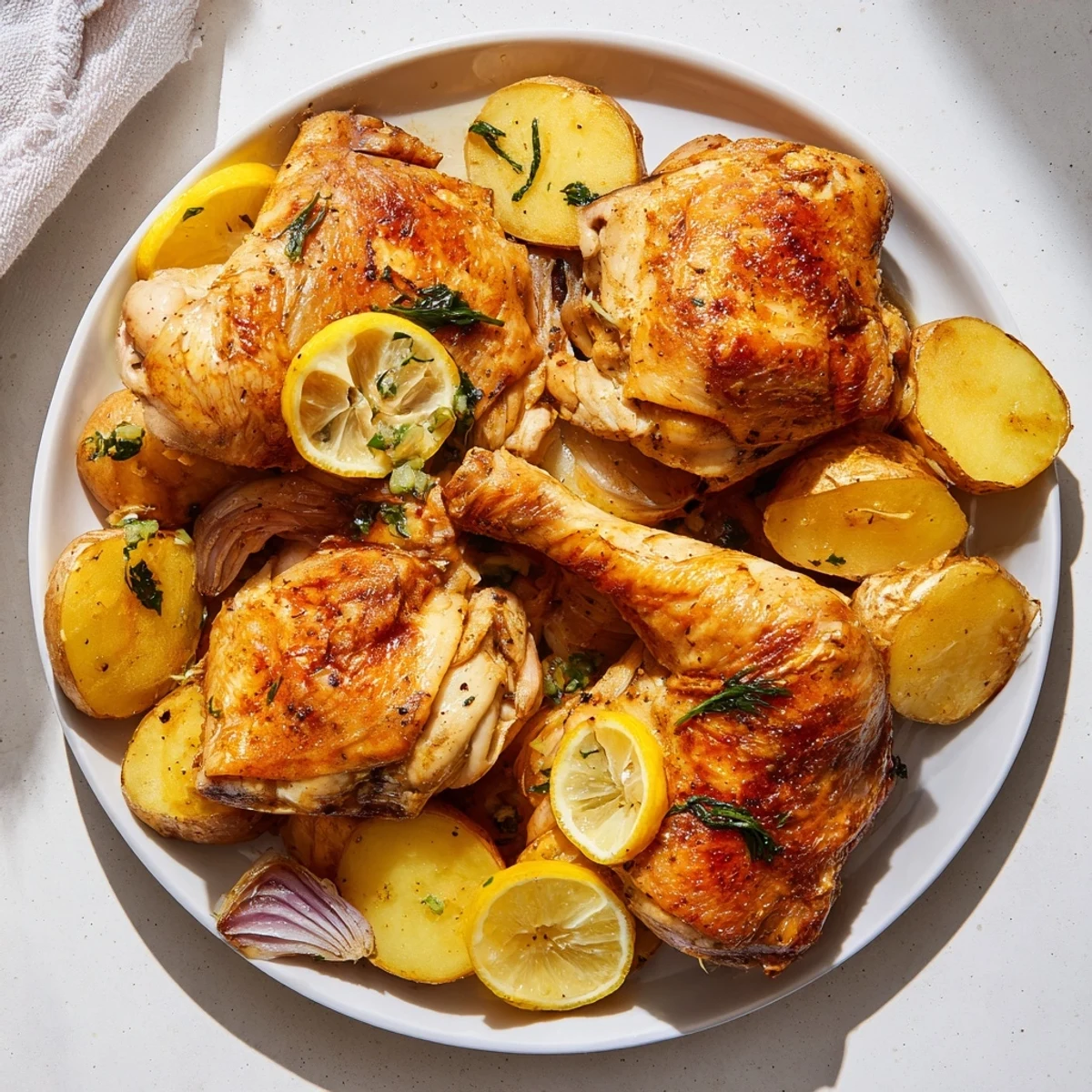 Aromatic One-Dish Baked Chicken Thighs with Lemon and Thyme, ready to serve with fresh parsley garnish.