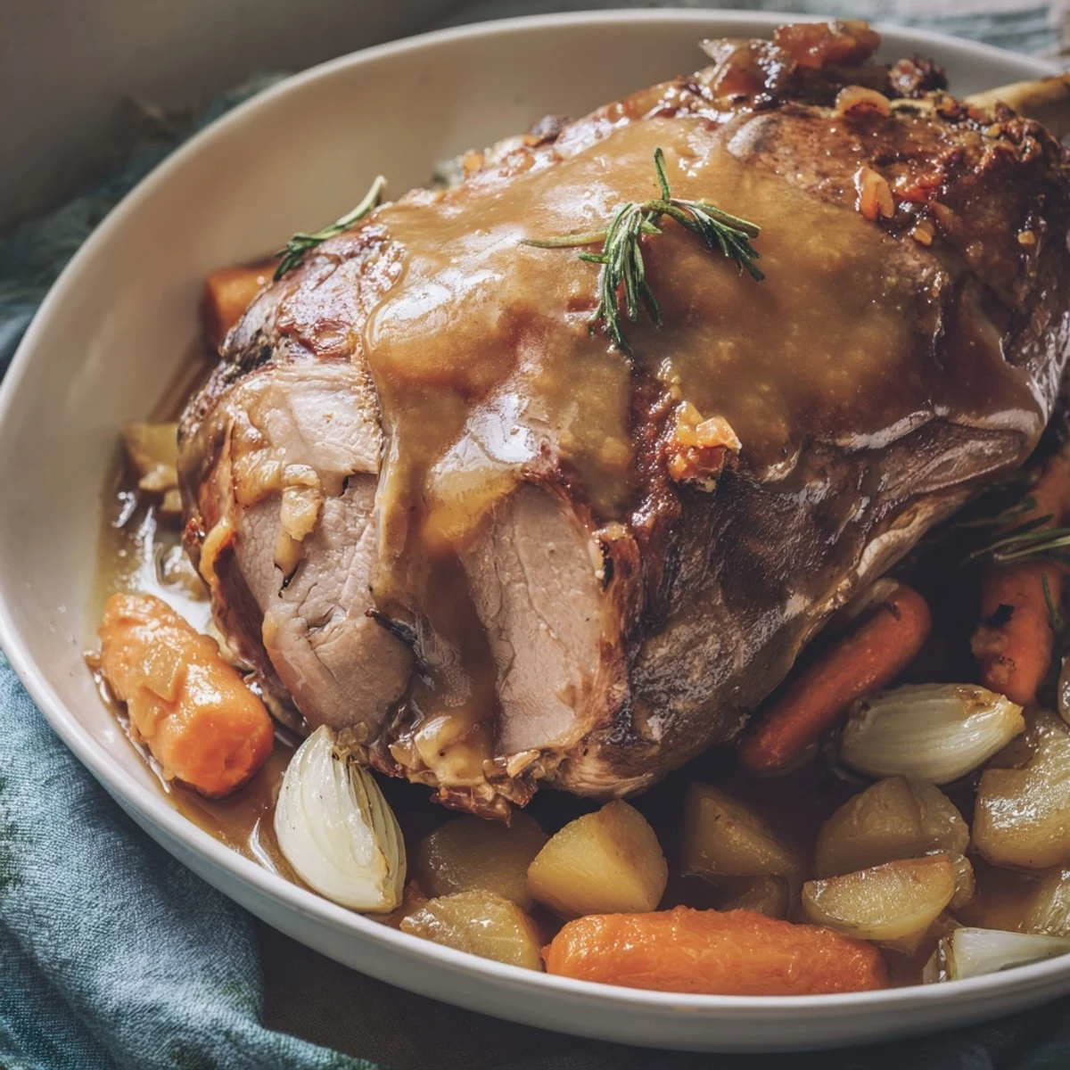 Slow-roasted lamb shanks glistening, tender meat falling off the bone, ready to eat.