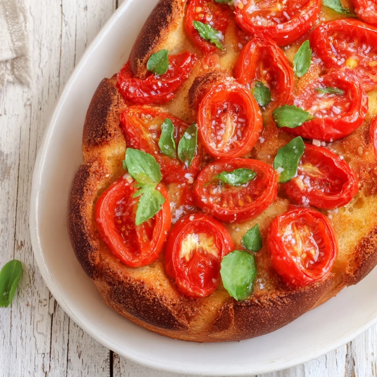 Freshly made Simple Homemade Tomato and Basil Flatbread, with an inviting aroma of baked dough and herbs.