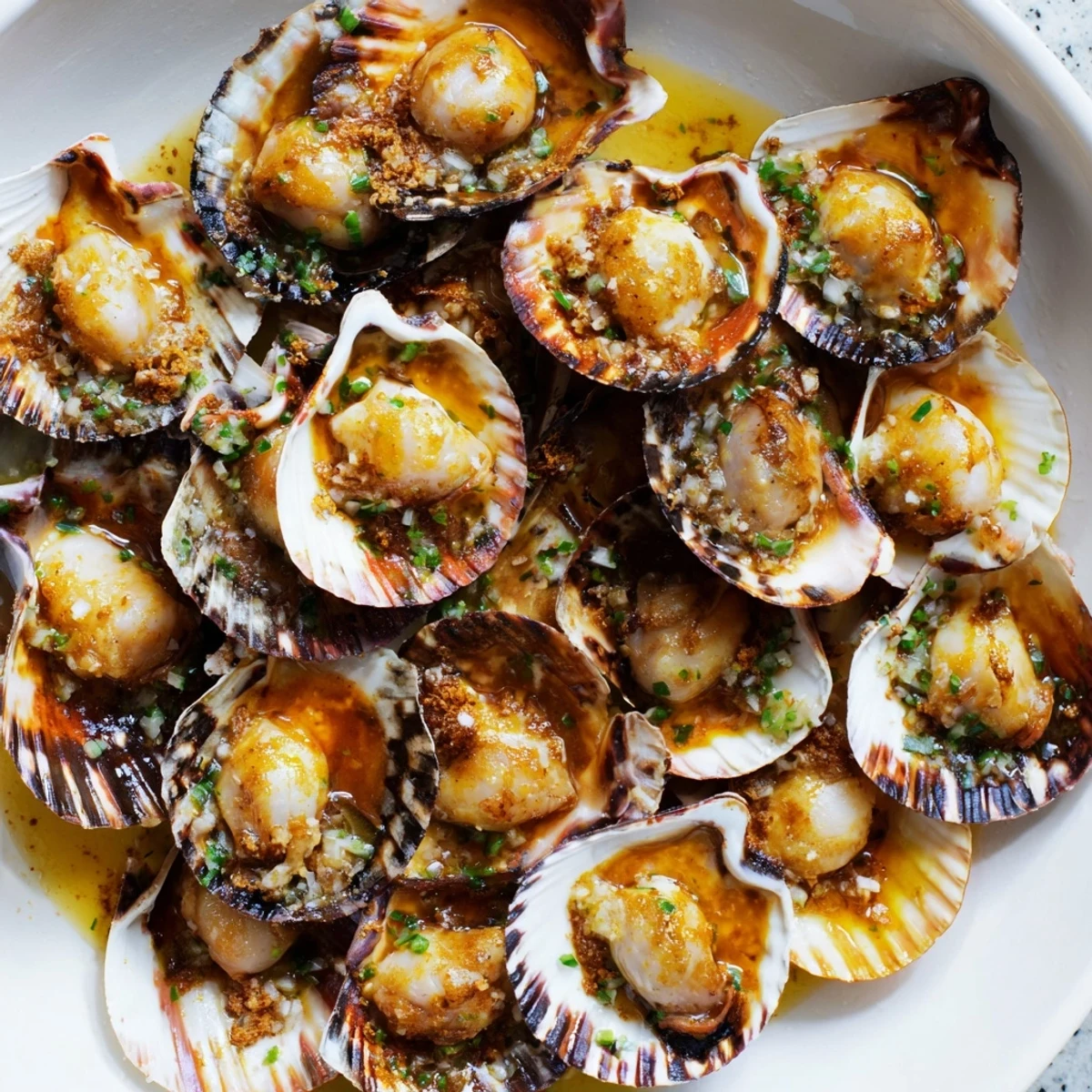 Golden-brown pan-seared scallops glistening with garlic butter alongside fresh parsley, ready to enjoy.