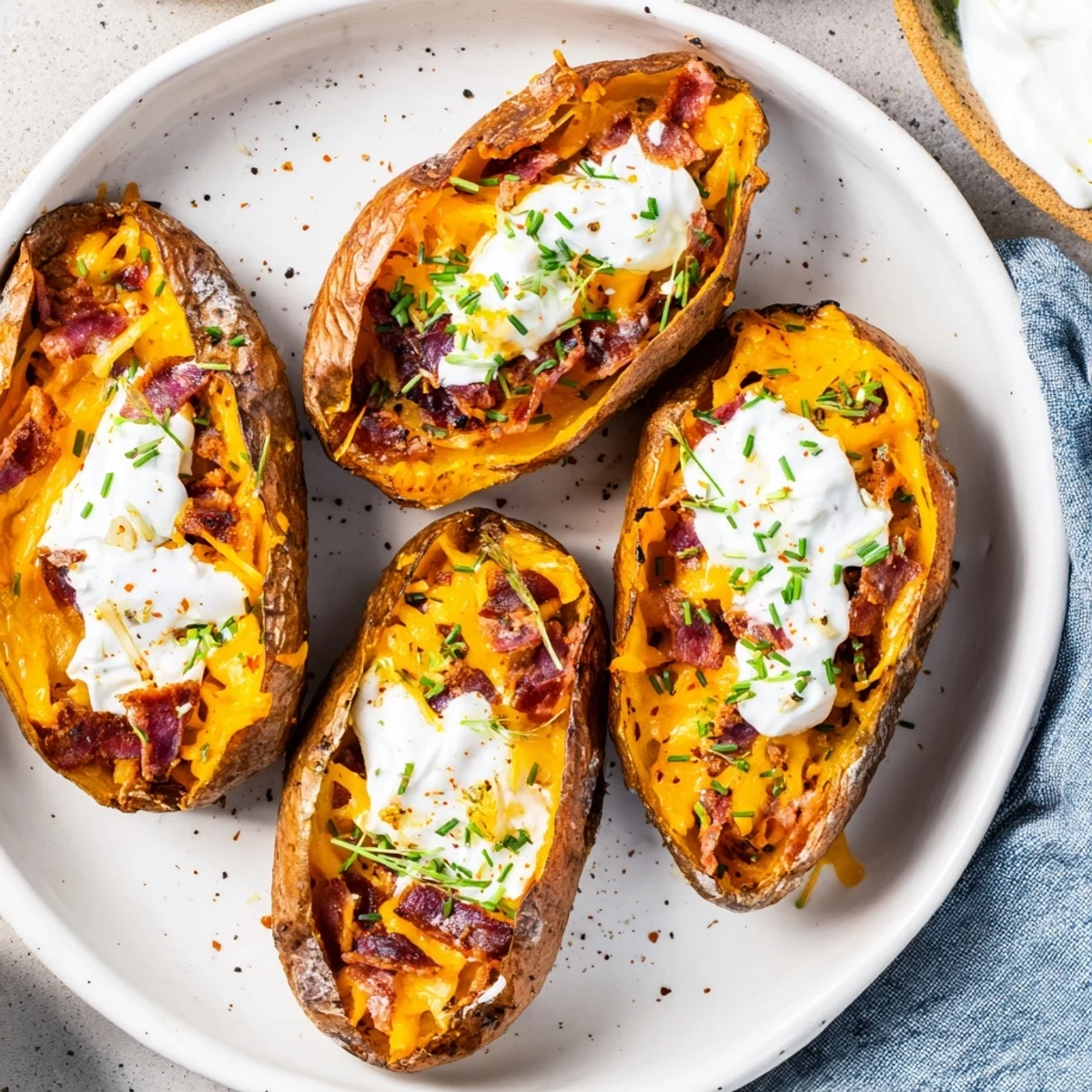 Golden, crispy potato skins from the air fryer, loaded with cheese, bacon and sour cream.