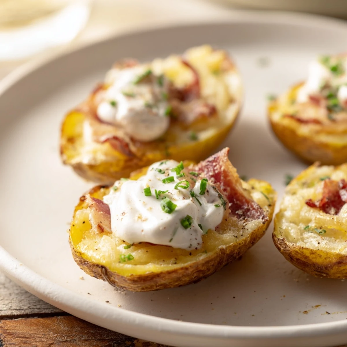 Close-up of crispy air-fryer potato skins, showing melted cheese and crumbled bacon with cool sour cream.