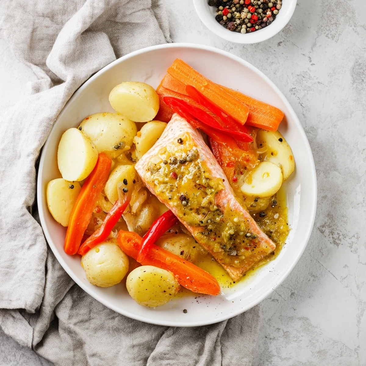 Golden-brown, one-tray baked salmon with honey mustard, featuring tender veggies and flaky fish.