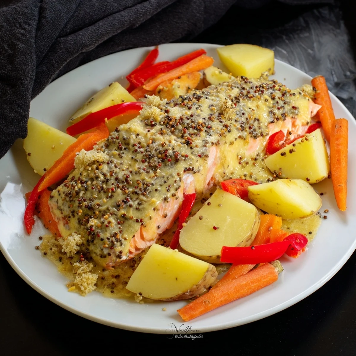 Vibrant colors: fresh vegetables surround flaky one-tray baked salmon with honey mustard, inviting flavors.