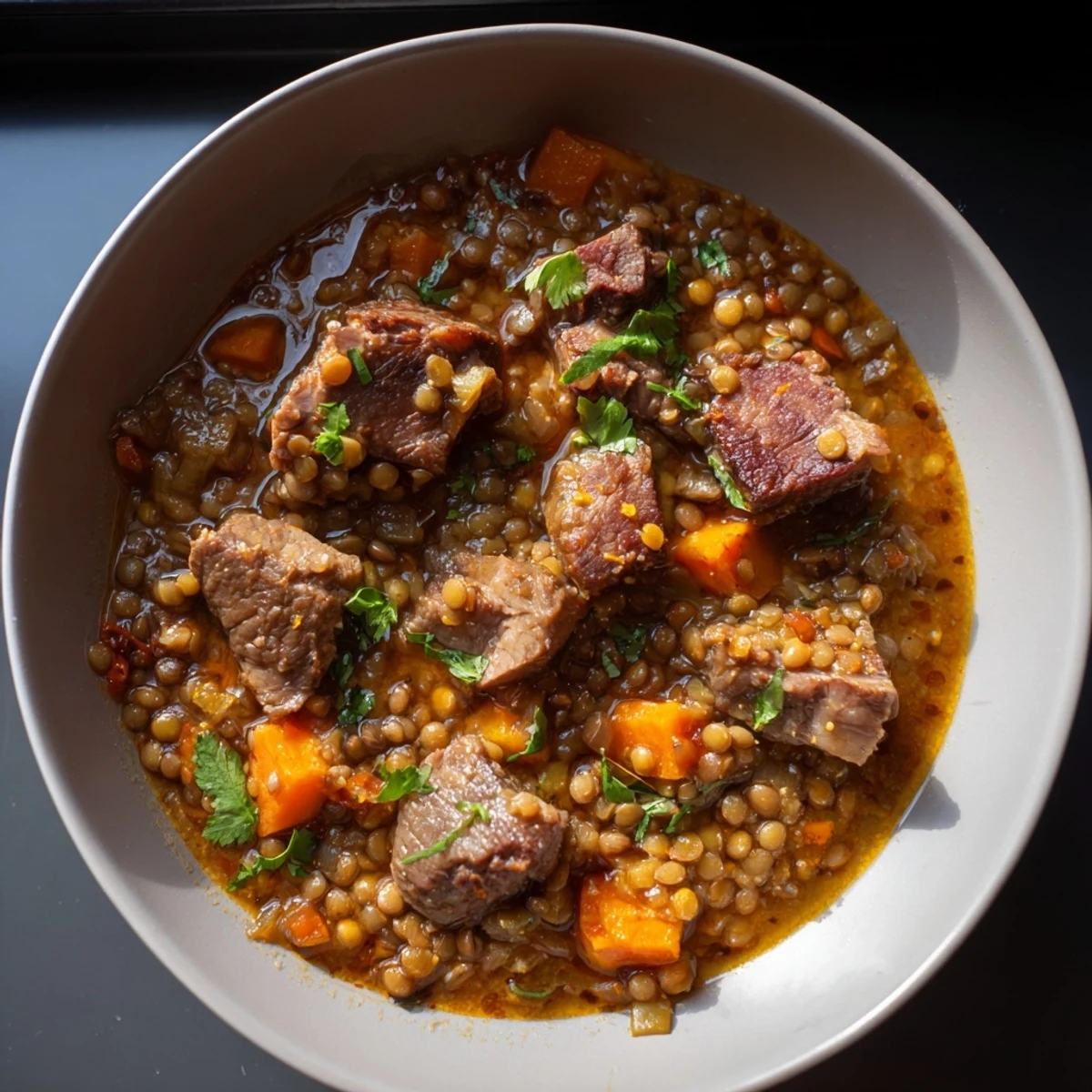 Steaming bowl of One-Pot Spicy Beef and Lentil Soup, garnished with fresh cilantro and vibrant lemon.
