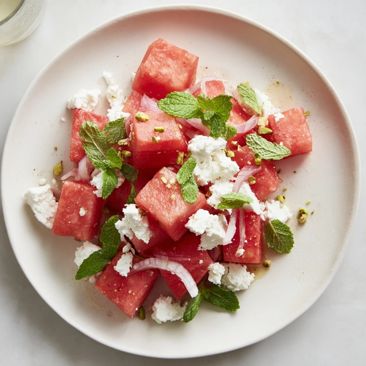 Vibrant Fresh Watermelon and Feta Salad, featuring juicy watermelon and crumbled feta cheese with balsamic glaze.