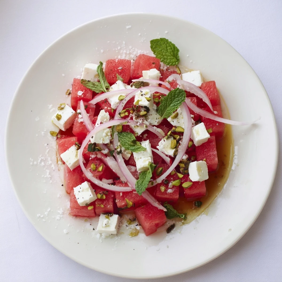 Refreshing Fresh Watermelon and Feta Salad, showcasing red onion and mint, drizzled with sweet balsamic glaze.