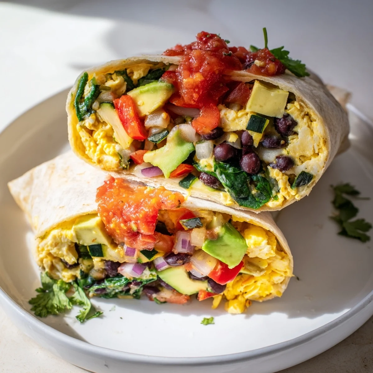 Freshly assembled and wrapped Veggie-Loaded Breakfast Burrito, a perfect, hand-held breakfast or lunch option.