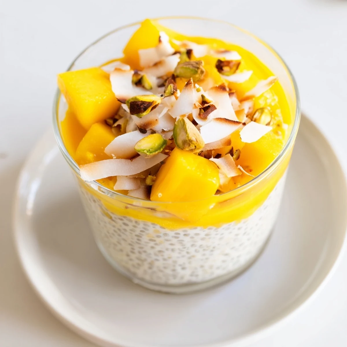 Creamy Mango Coconut Chia Pudding layered with fresh mango, ready to eat with toppings.