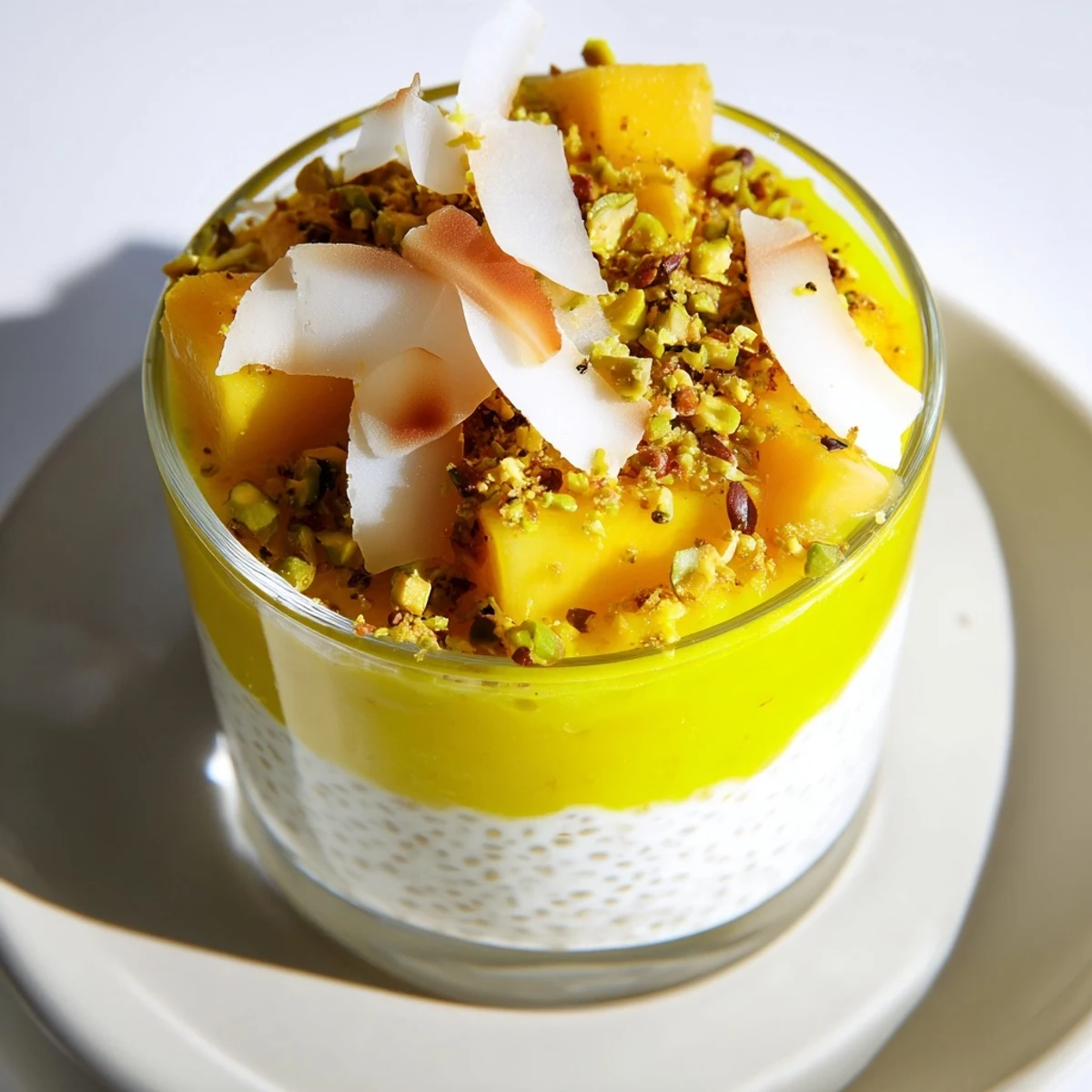 A vibrant photo of a chilled Mango Coconut Chia Pudding, perfect for a refreshing vegan dessert.