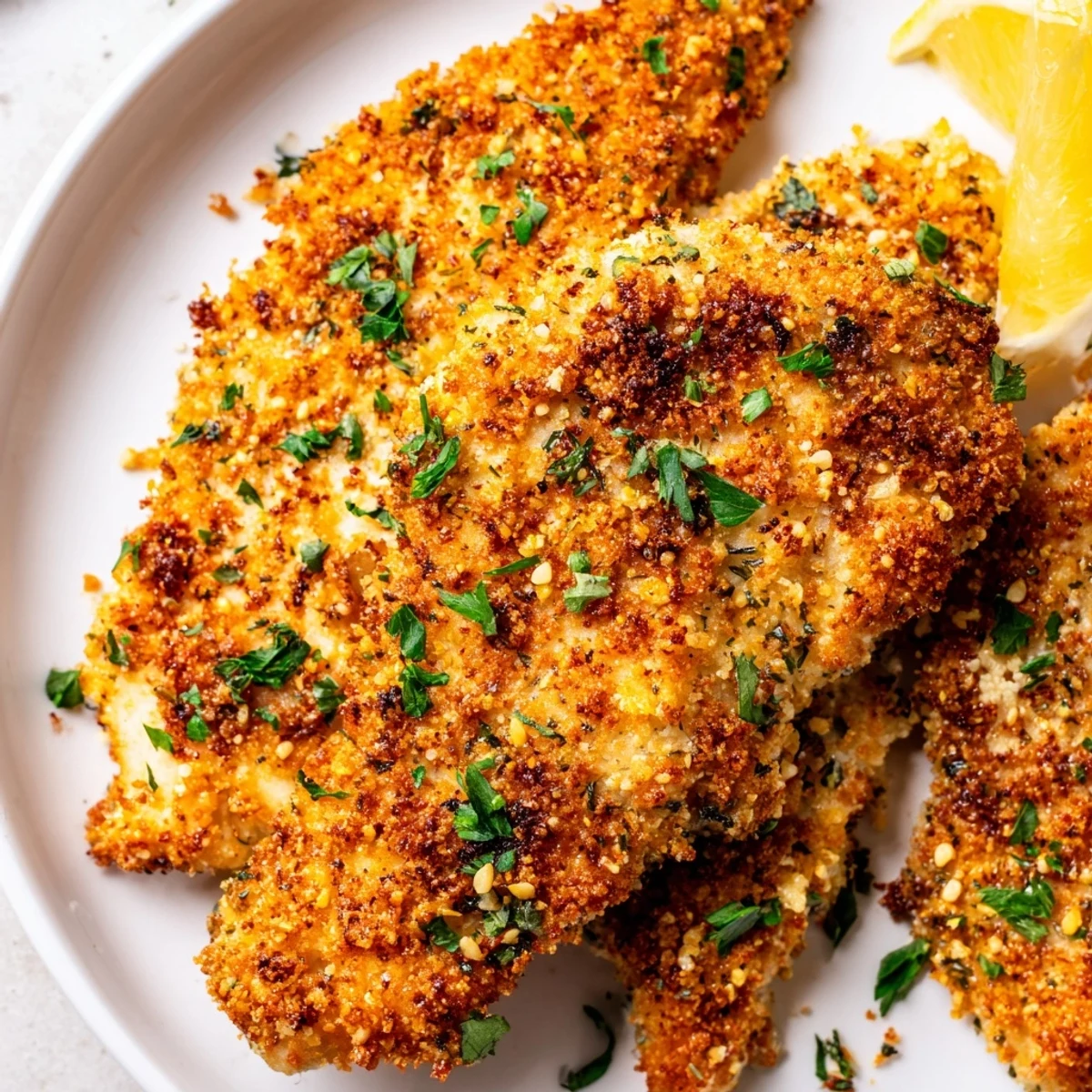 Crispy Parmesan Chicken Cutlets, golden brown and perfectly baked, ready to be served.