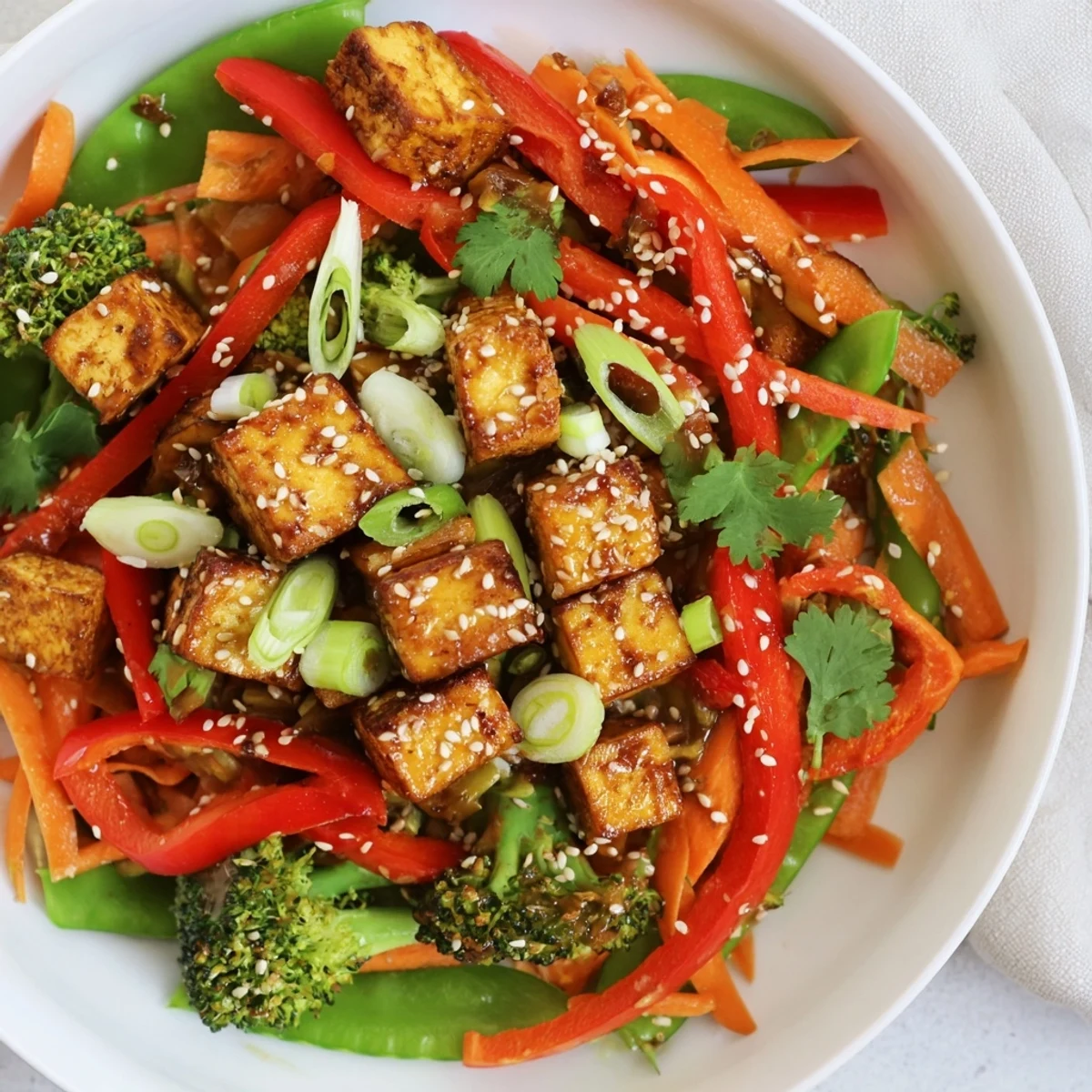 Crispy Sesame Ginger Tofu Stir-Fry with vibrant vegetables, glistening with savory sauce.