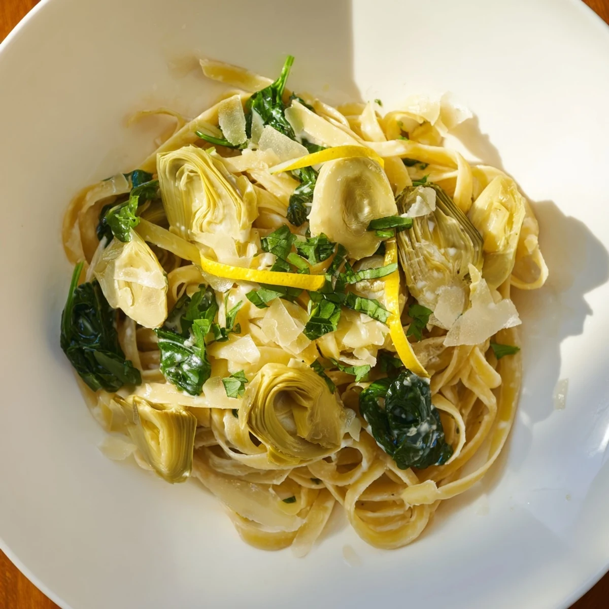 Tender artichoke hearts are featured in this creamy lemon artichoke pasta, perfect for dinner.