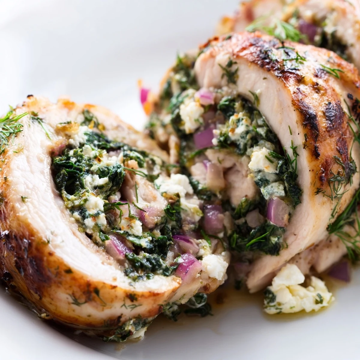 Spinach Feta Stuffed Chicken: golden seared roll-ups filled with savory spinach and creamy feta.