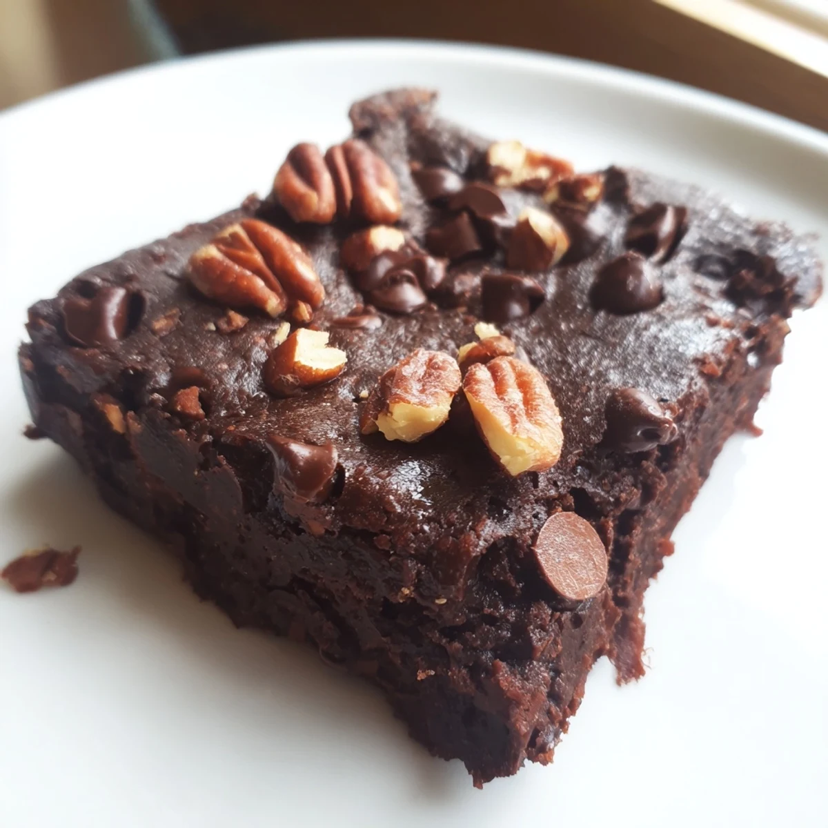 Warm Black Bean Brownies with chocolate chips, ready to cut after cooling completely for fudgy squares.