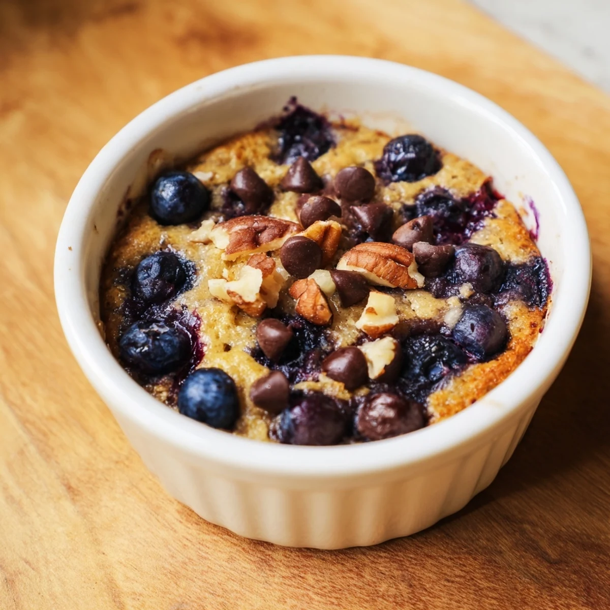 Steaming blueberry baked oats, a warm and comforting breakfast recipe, fresh from the oven.