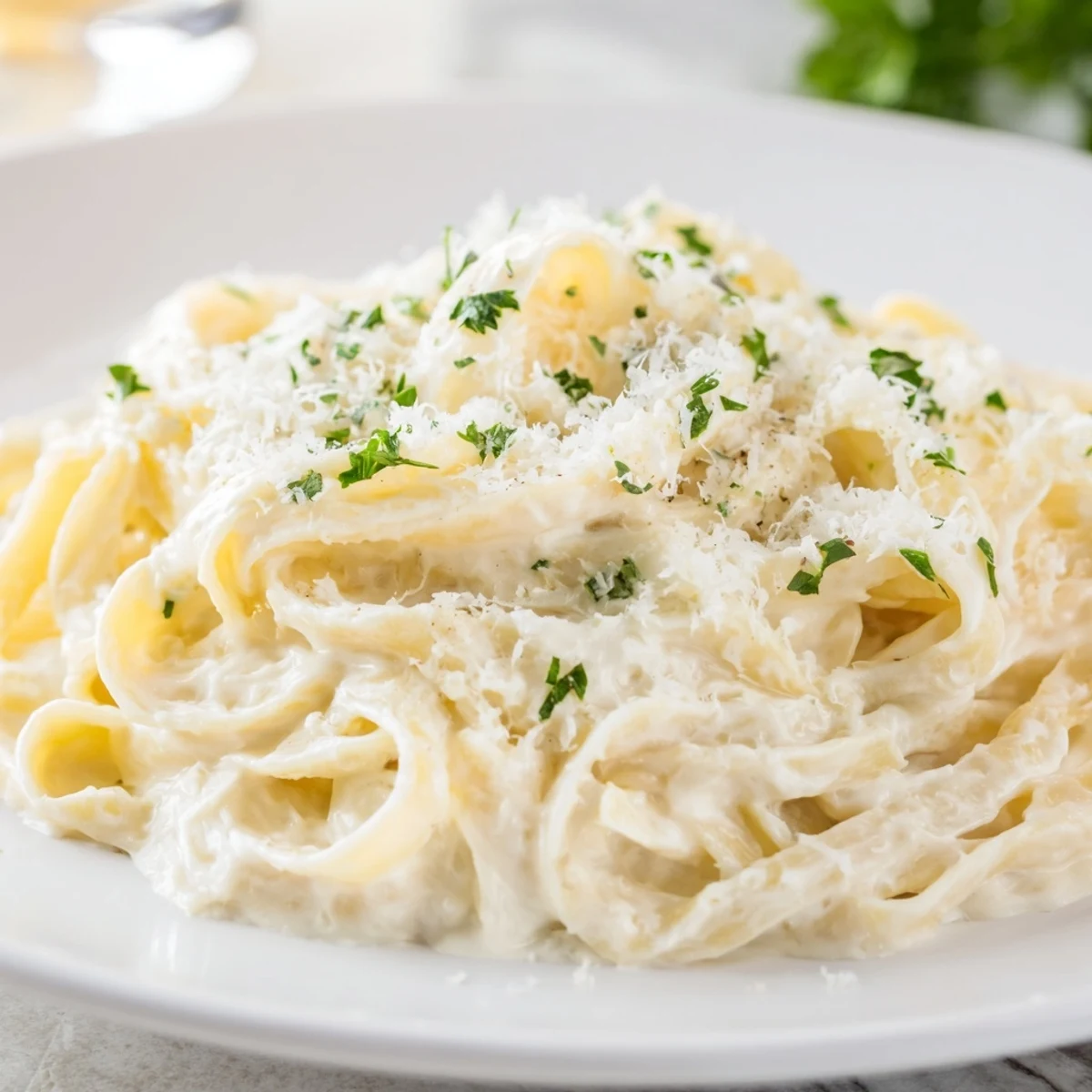 Delectable Pasta Alfredo Cottage Hack, creamy sauce coating perfectly cooked pasta in a skillet.