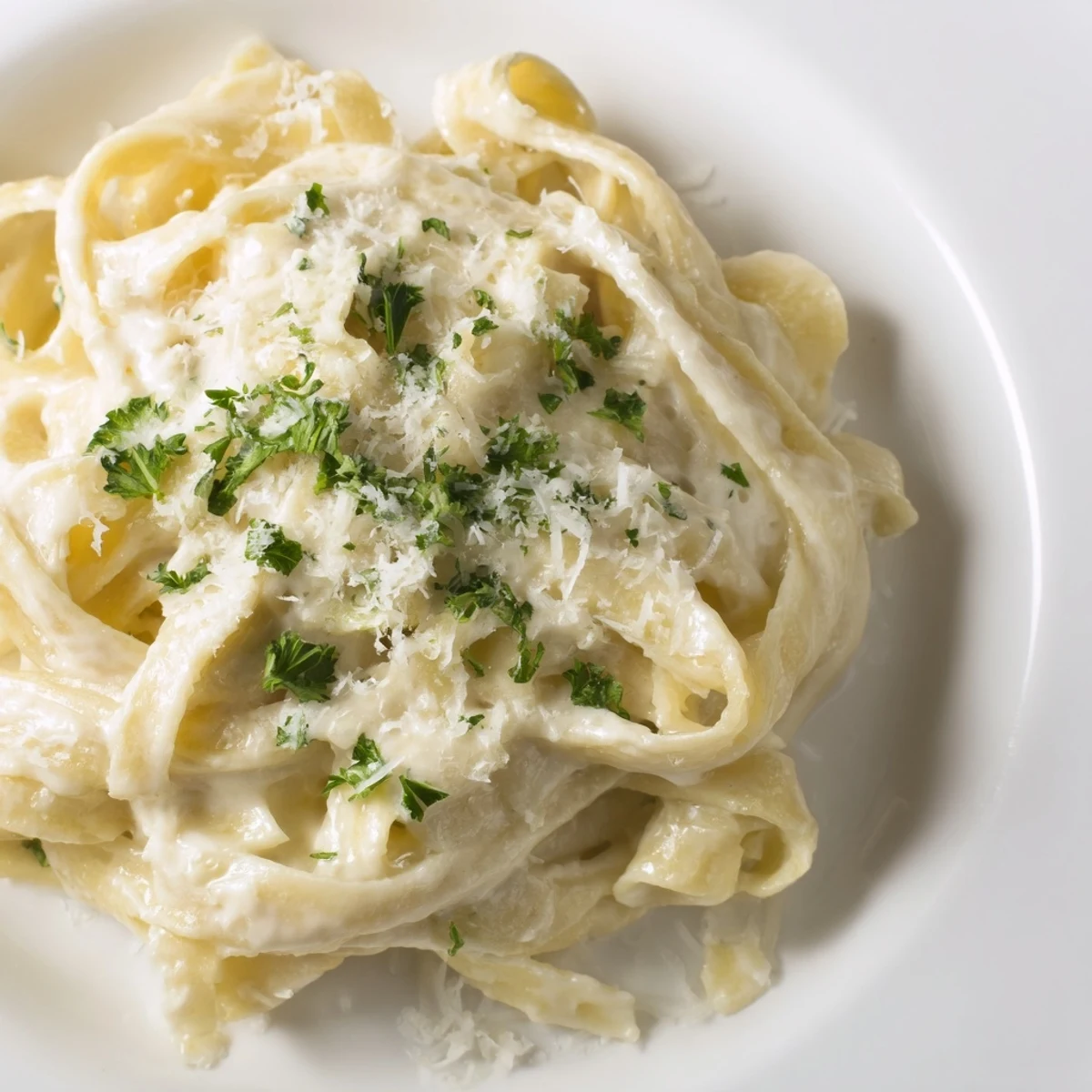 A close-up of finished Pasta Alfredo Cottage Hack, garnished with fresh parsley and Parmesan cheese.