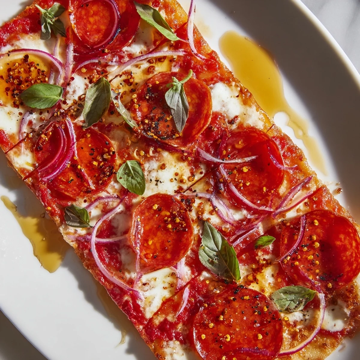 Gooey mozzarella and spicy pepperoni perfectly complement this homemade hot honey pepperoni flatbread.