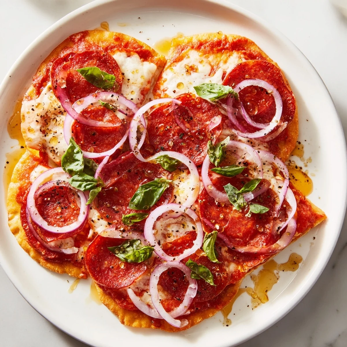 Golden-brown crust on a delicious hot honey pepperoni flatbread, perfect for a pizza night feast.