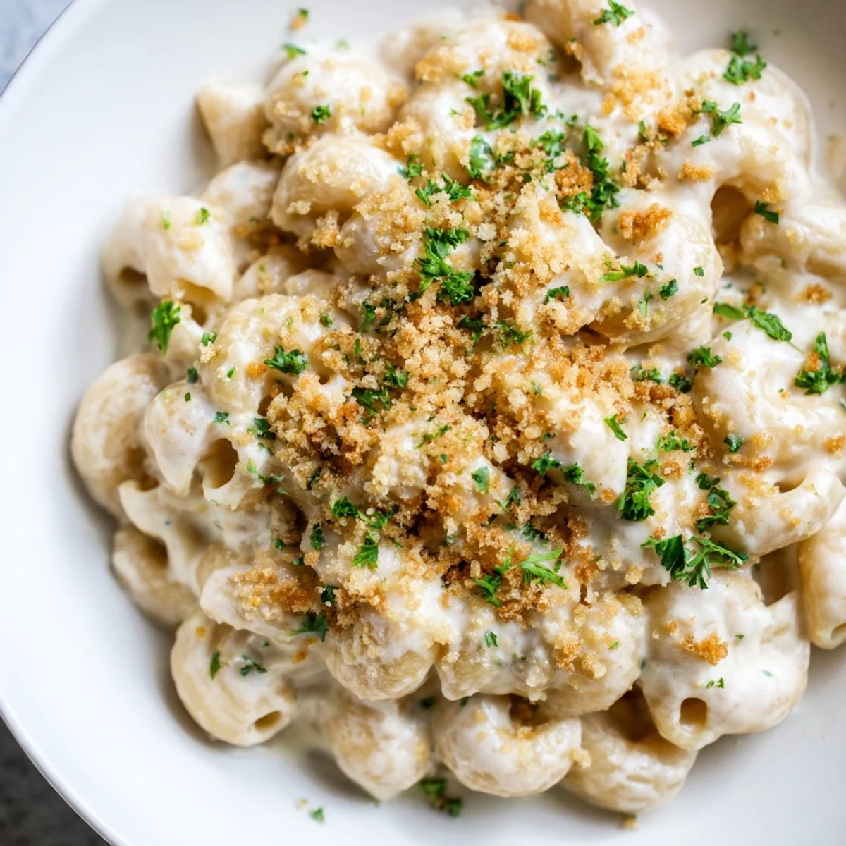 A rich, velvety High-Protein Mac & Cheese, with a golden brown crust, ready to enjoy.