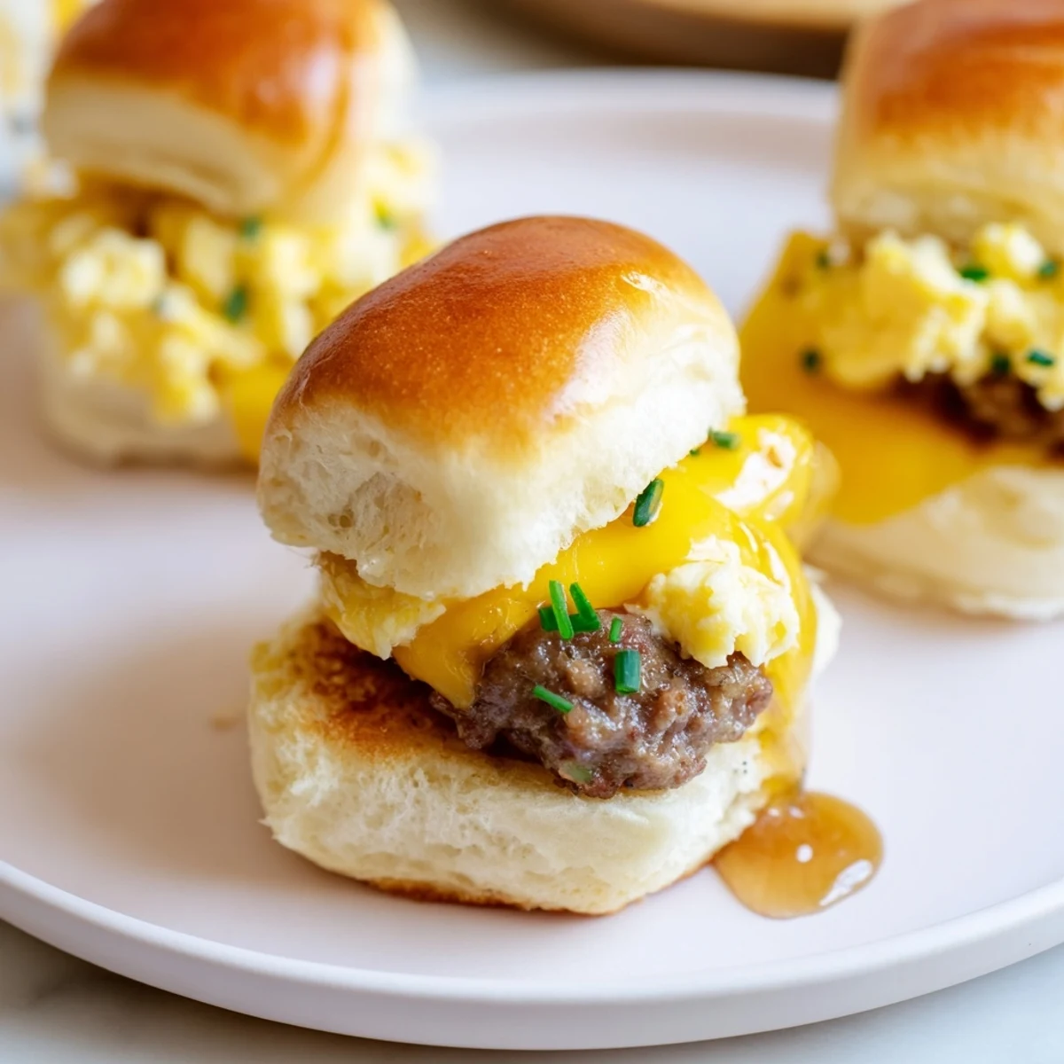 Golden, cheesy Mini Breakfast Sliders filled with savory sausage, perfect for a satisfying brunch.