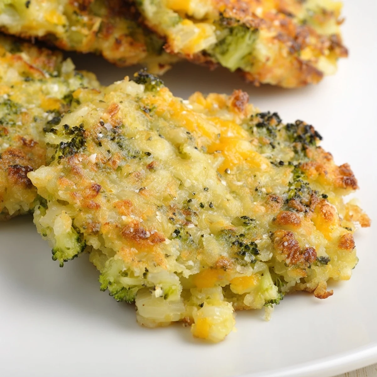 Golden-brown Cheesy Broccoli Patties, crisp on the outside, showcasing melted cheese and fresh herbs.