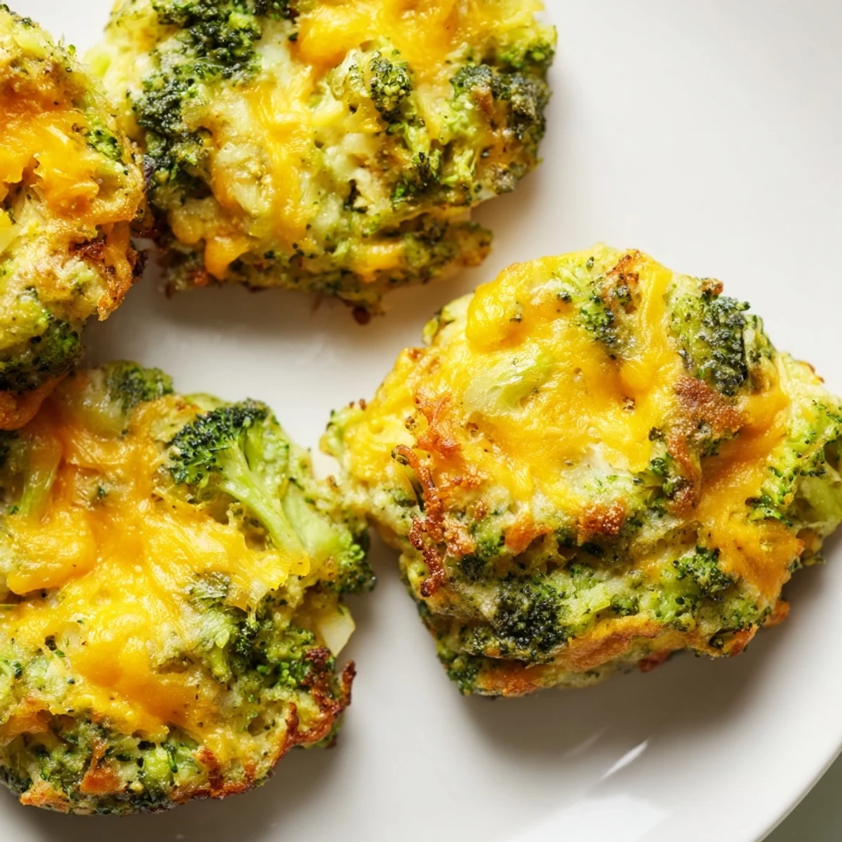View of warm, homemade Cheesy Broccoli Patties, perfect as a vegetarian appetizer or side dish.