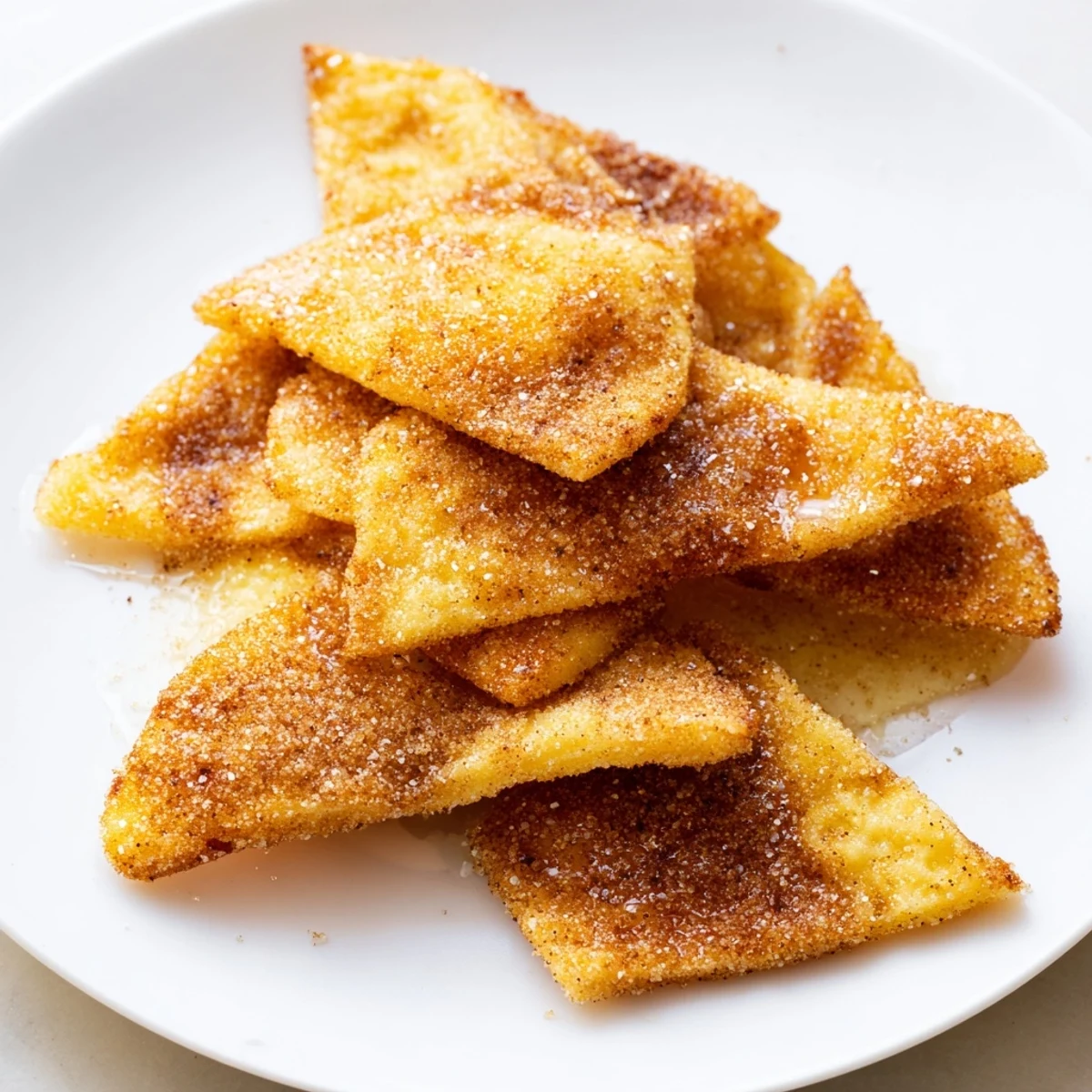 Close-up of freshly made cinnamon sugar tortilla chips, perfect for dipping or sharing.