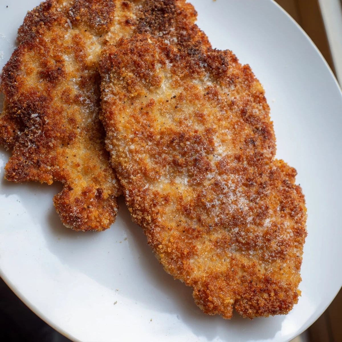 Golden-brown air fryer chicken cutlets, crispy perfection, ready to serve with lemon wedges.
