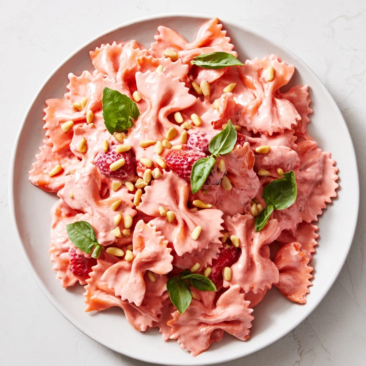 A delicious, creamy bowl of Strawberry Sour Cream Pasta, perfect for a vegetarian main course.
