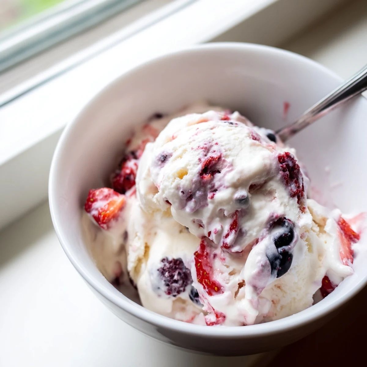 A swirl of vibrant Cottage Cheese Ice Cream, made with frozen berries, ready to scoop.