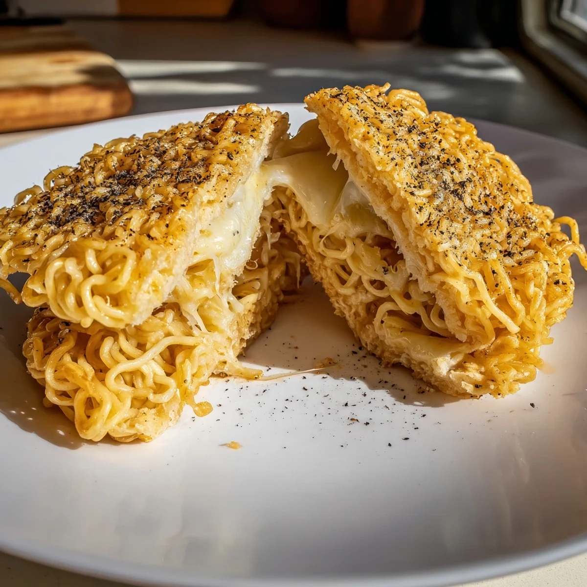 Crispy ramen noodle buns with a melted cheese filling; this Ramen Grilled Cheese is a fun lunch.