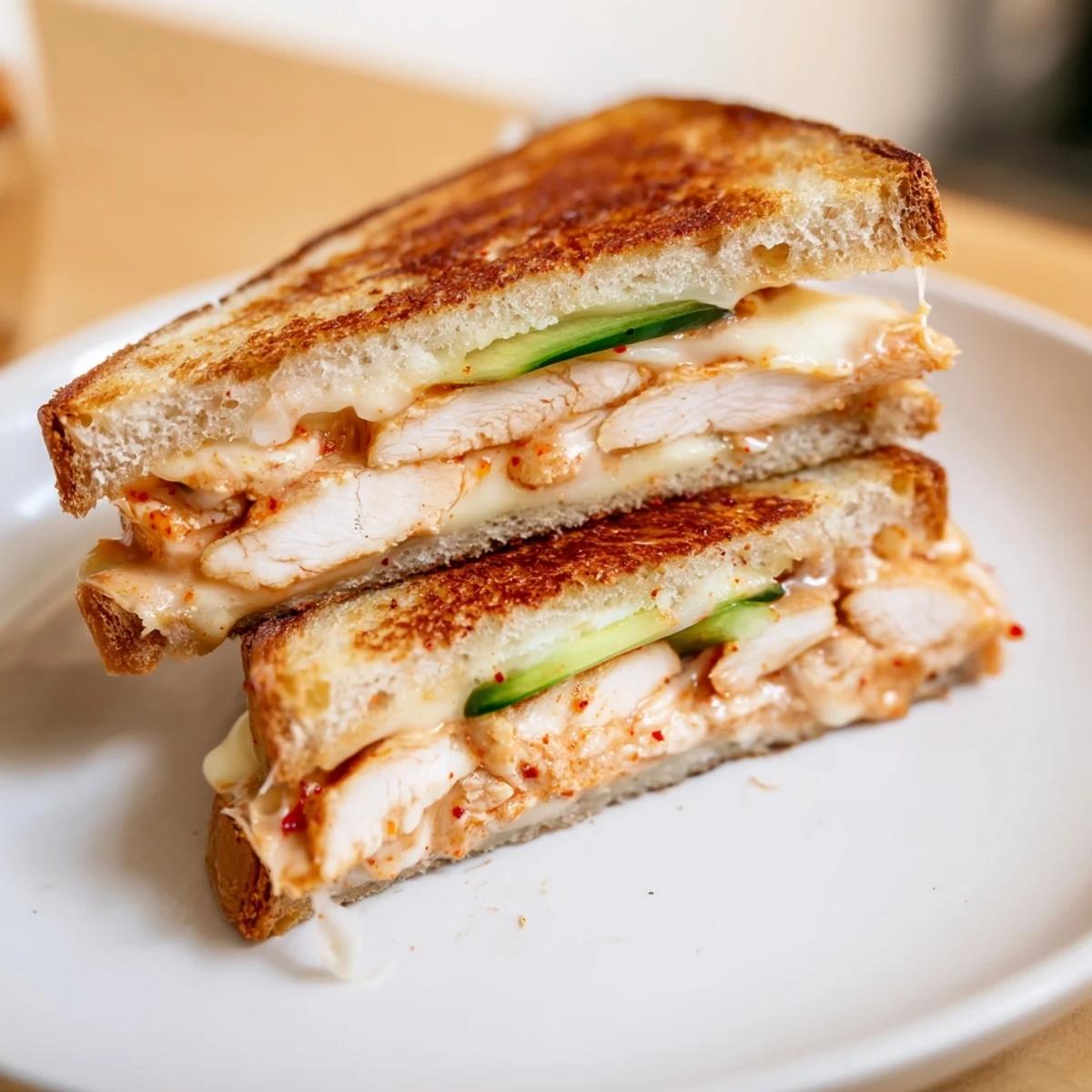Crispy, golden Gochujang Mayo Chicken Sandwich grilled cheese, oozing with melted cheese and spicy chicken.