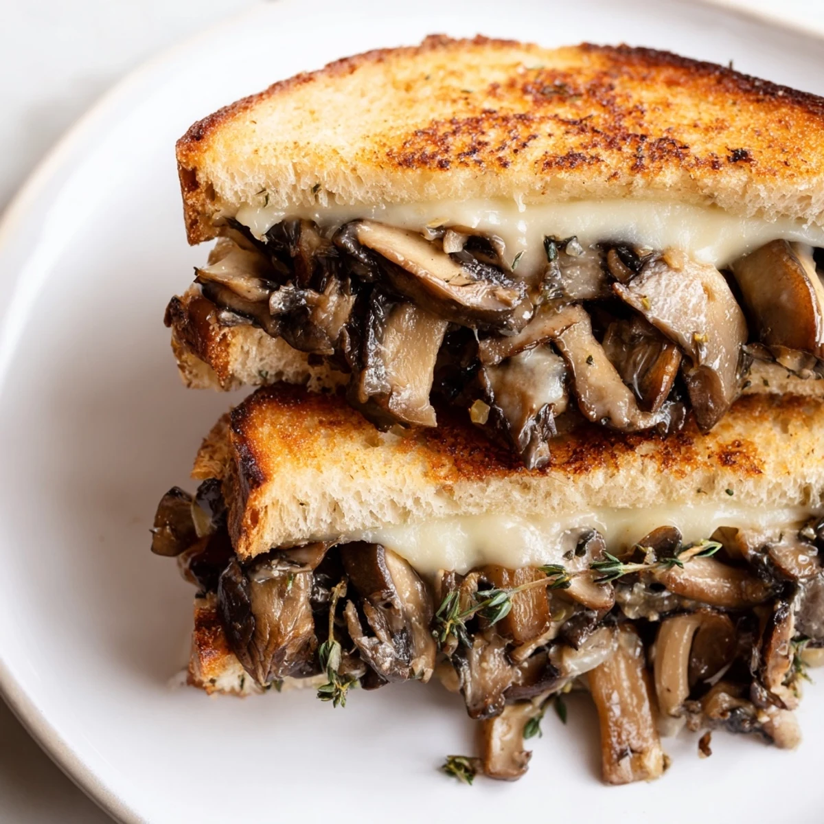 Creamy mushroom grilled cheese sandwich with gooey cheese and golden, crispy bread, ready to eat.